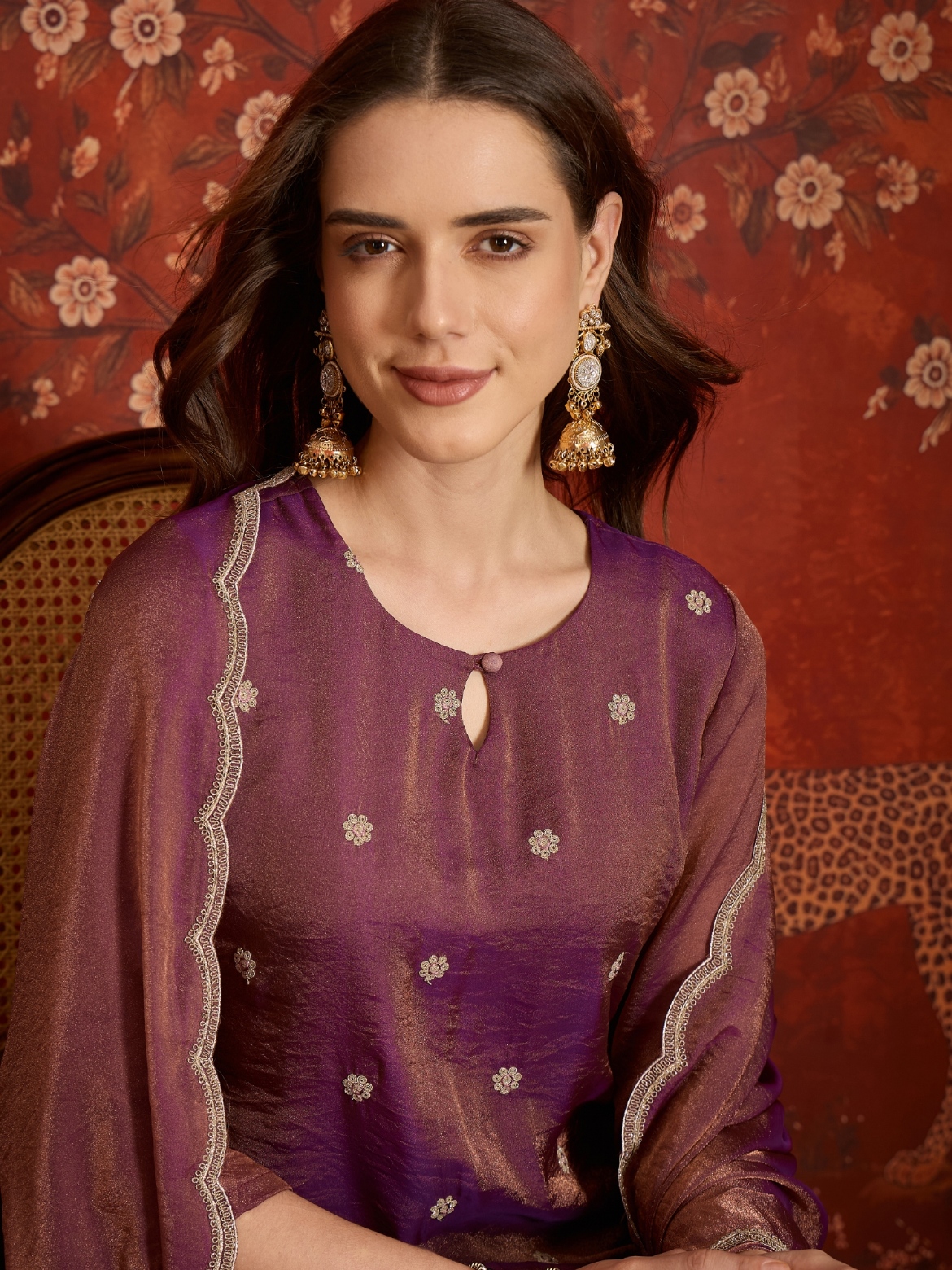 Purple Designer Embroidery Silk Straight Suit