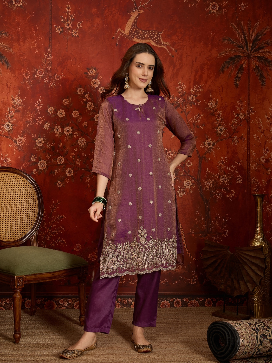 Purple Designer Embroidery Silk Straight Suit
