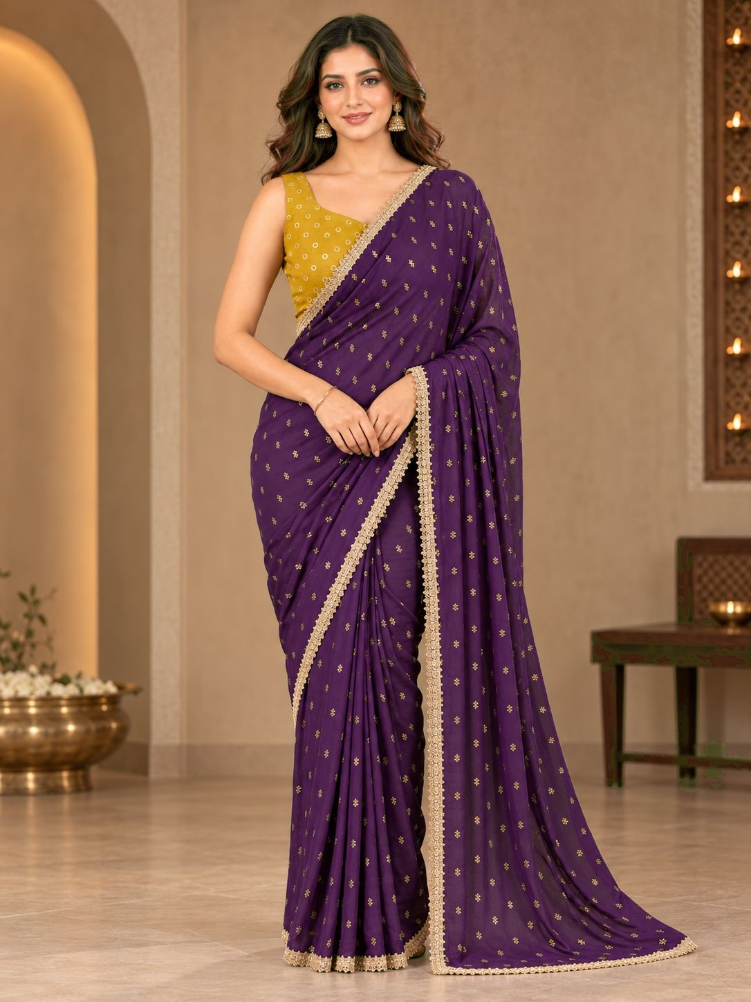 Purple Designer Printed Georgette Ready To Wear Saree