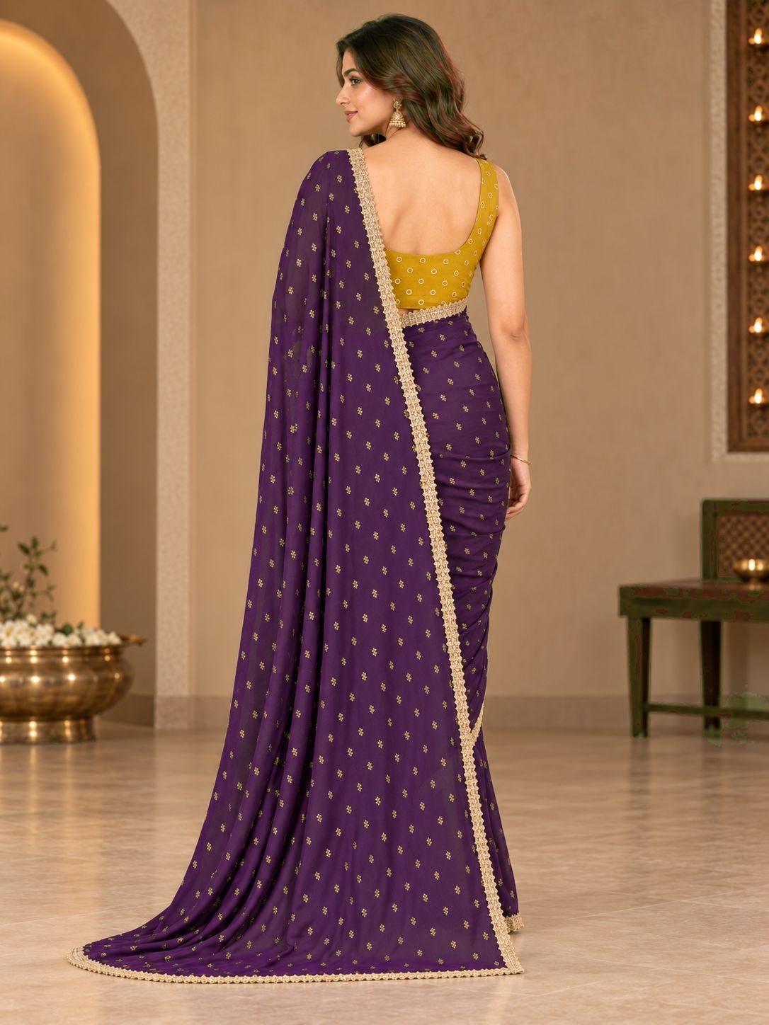 Purple Designer Printed Georgette Ready To Wear Saree — alternate view