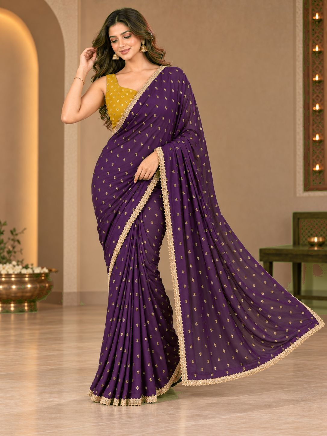 Purple Designer Printed Georgette Ready To Wear Saree