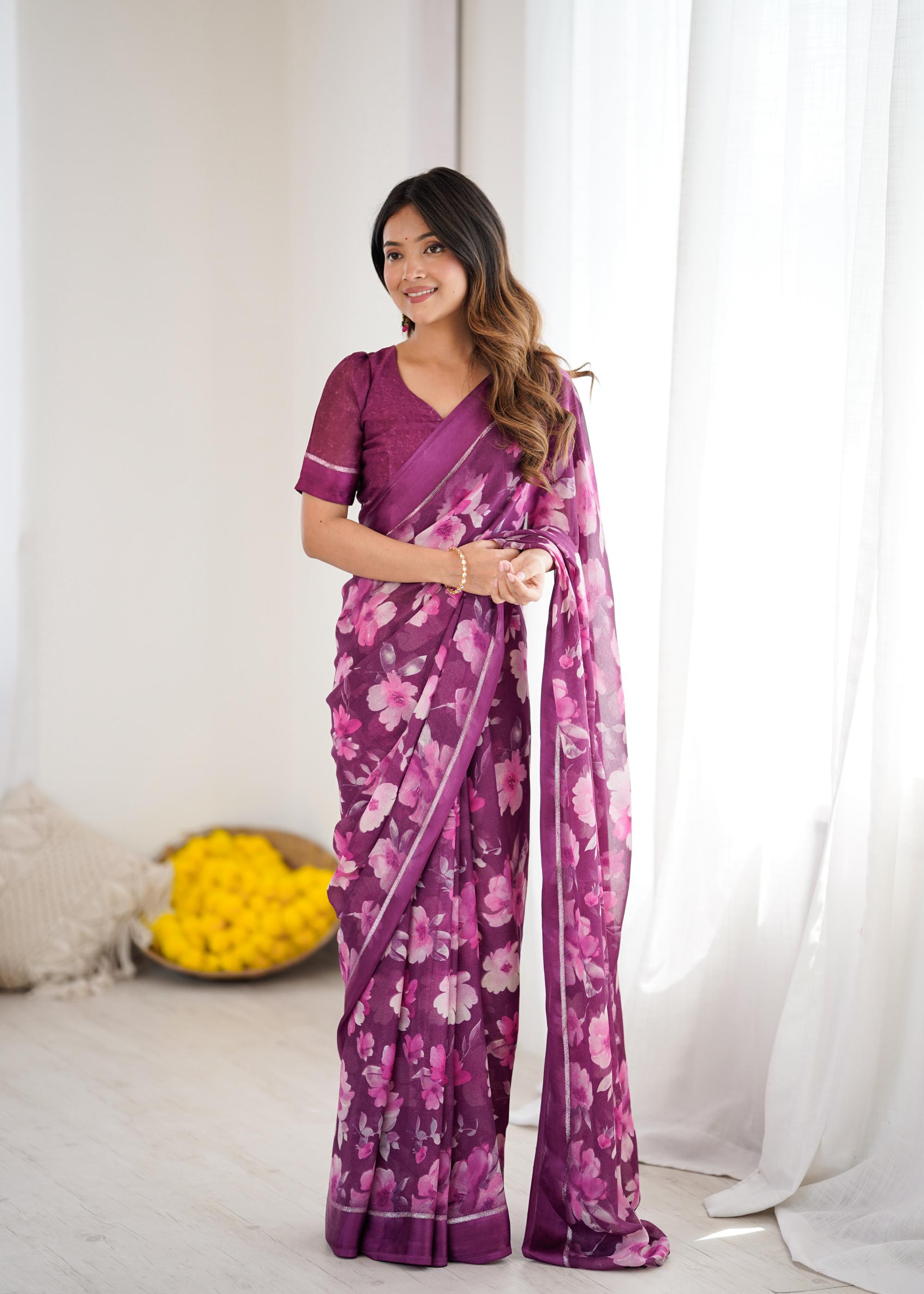Purple Designer Printed Moss Satin Patta Saree
