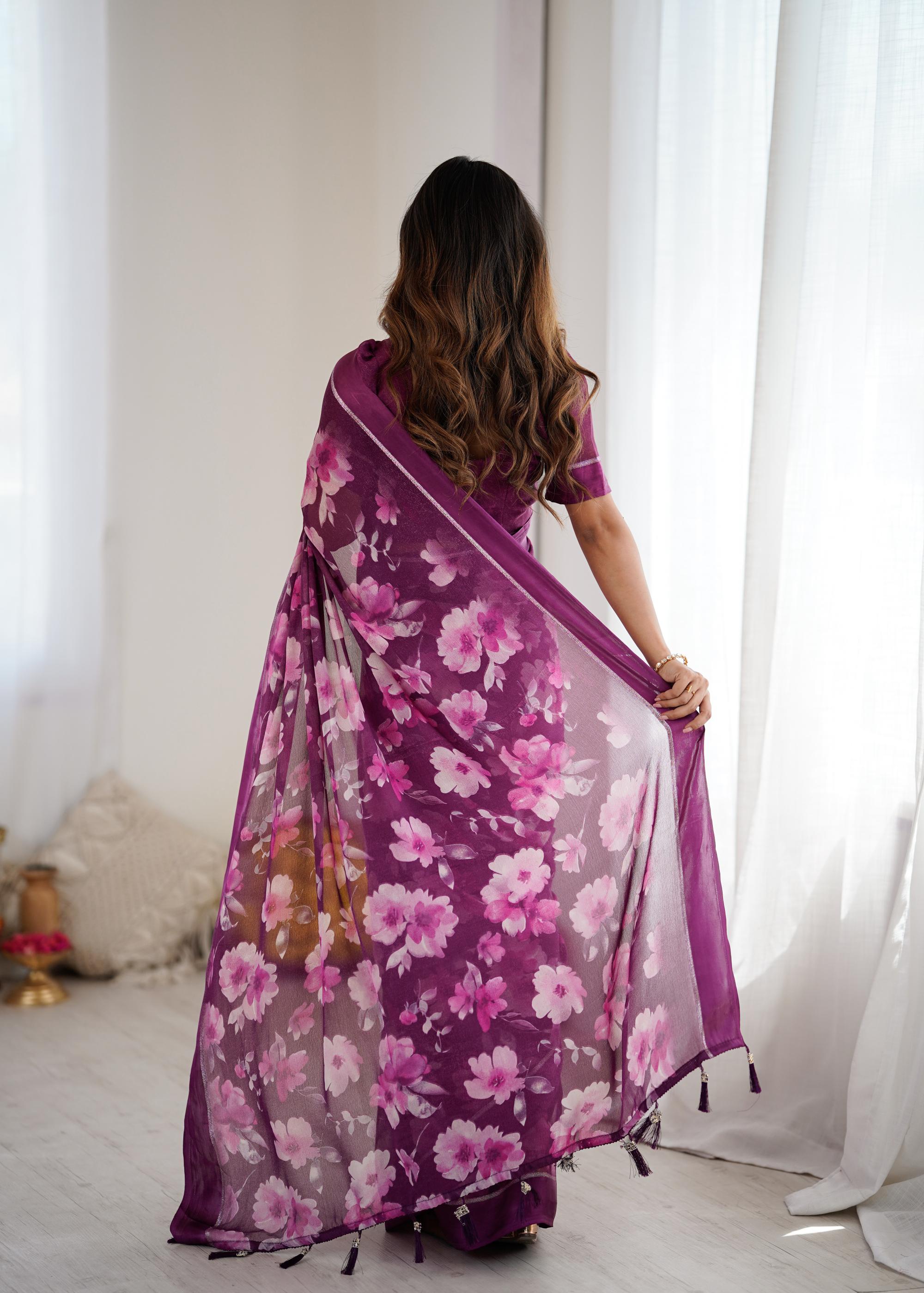 Purple Designer Printed Moss Satin Patta Saree — alternate view