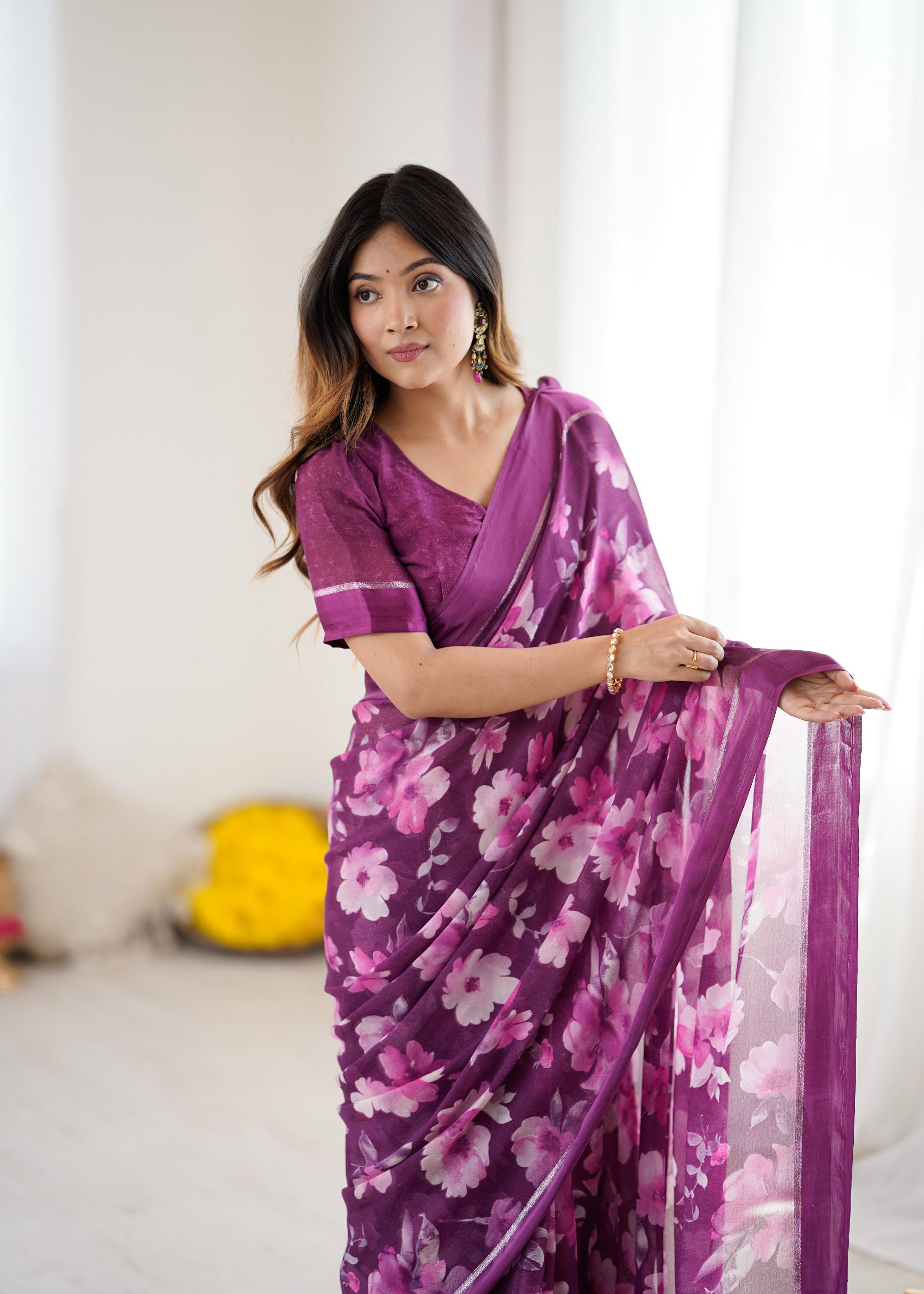 Purple Designer Printed Moss Satin Patta Saree