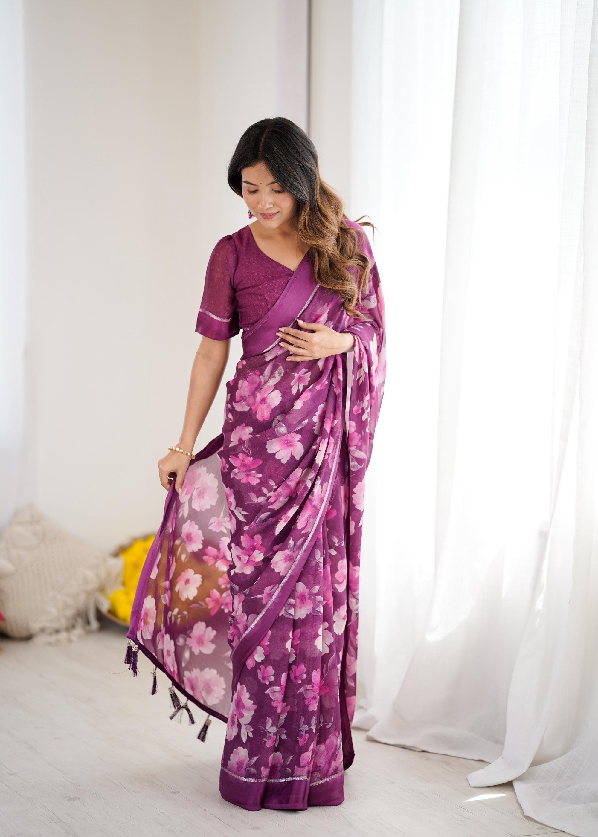 Purple Designer Printed Moss Satin Patta Saree