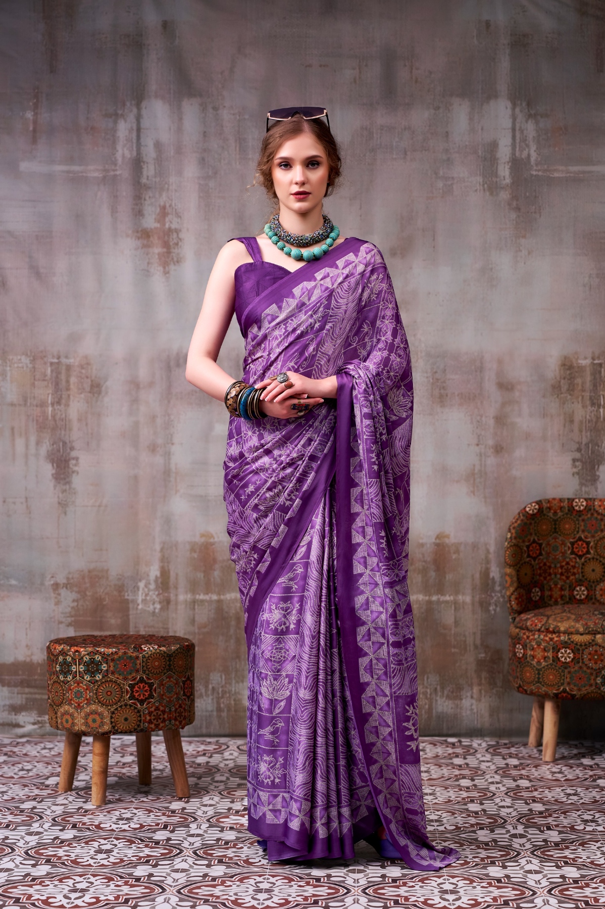 Purple Designer Printed Satin Silk Saree
