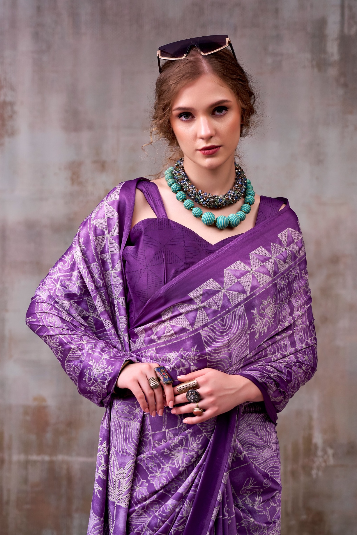 Purple Designer Printed Satin Silk Saree — alternate view