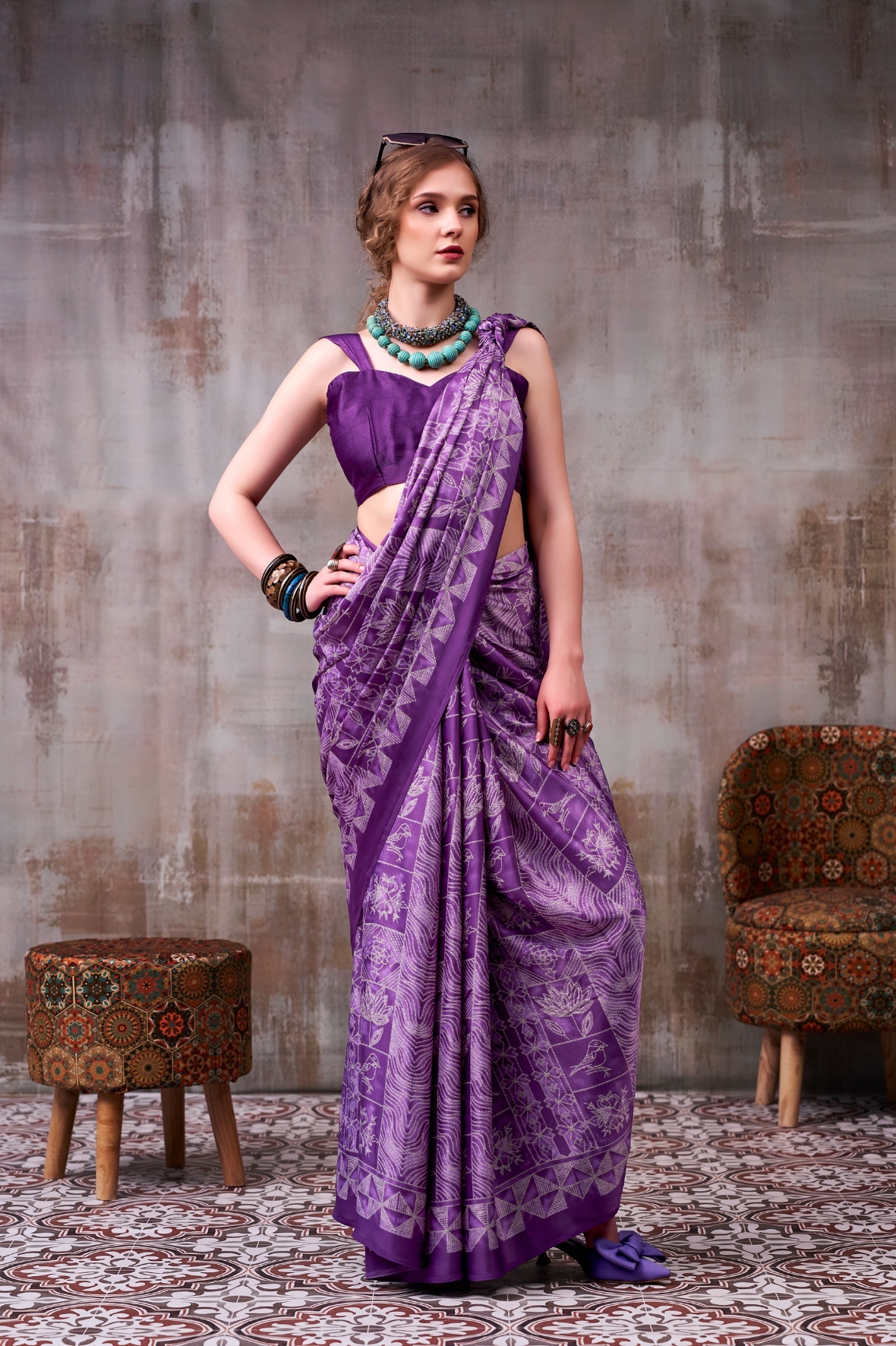 Purple Designer Printed Satin Silk Saree