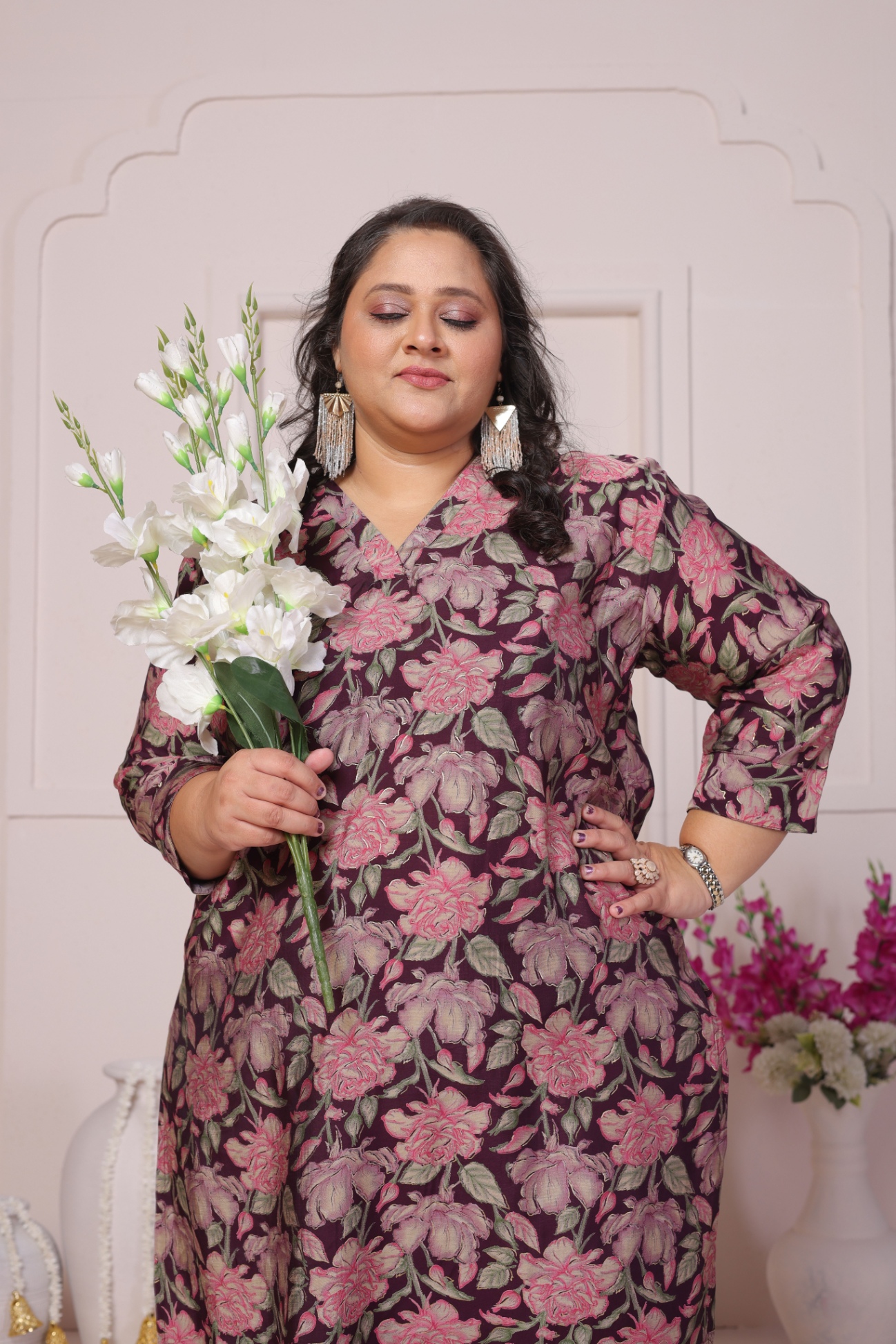 Purple Designer Printed Viscose Chanderi Kurti