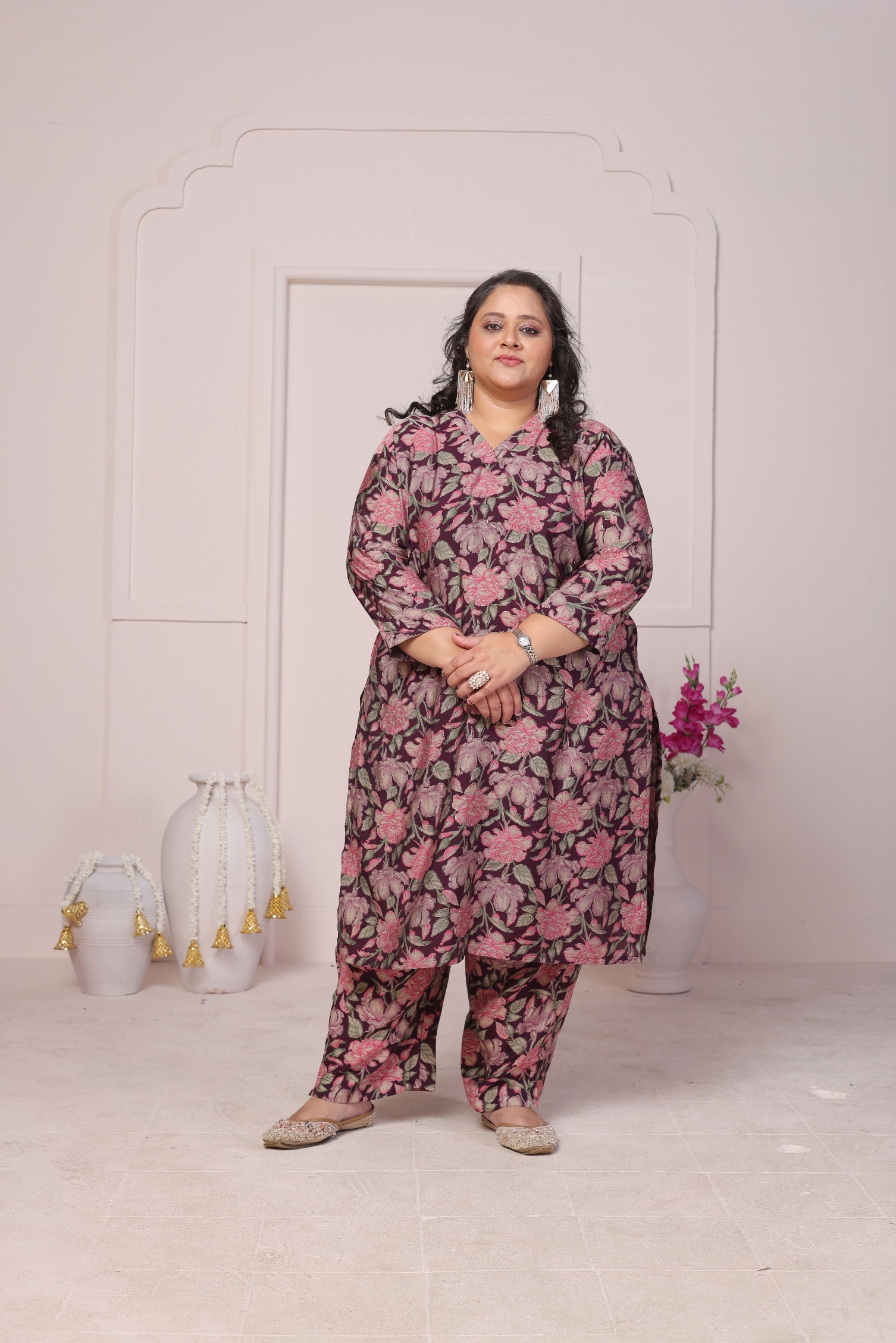 Purple Designer Printed Viscose Chanderi Kurti