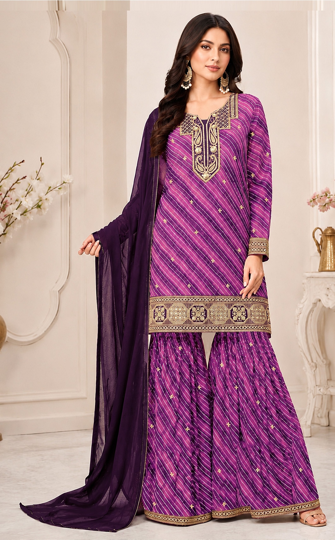 Purple Diagonal Embroidered Georgette Sharara Suit