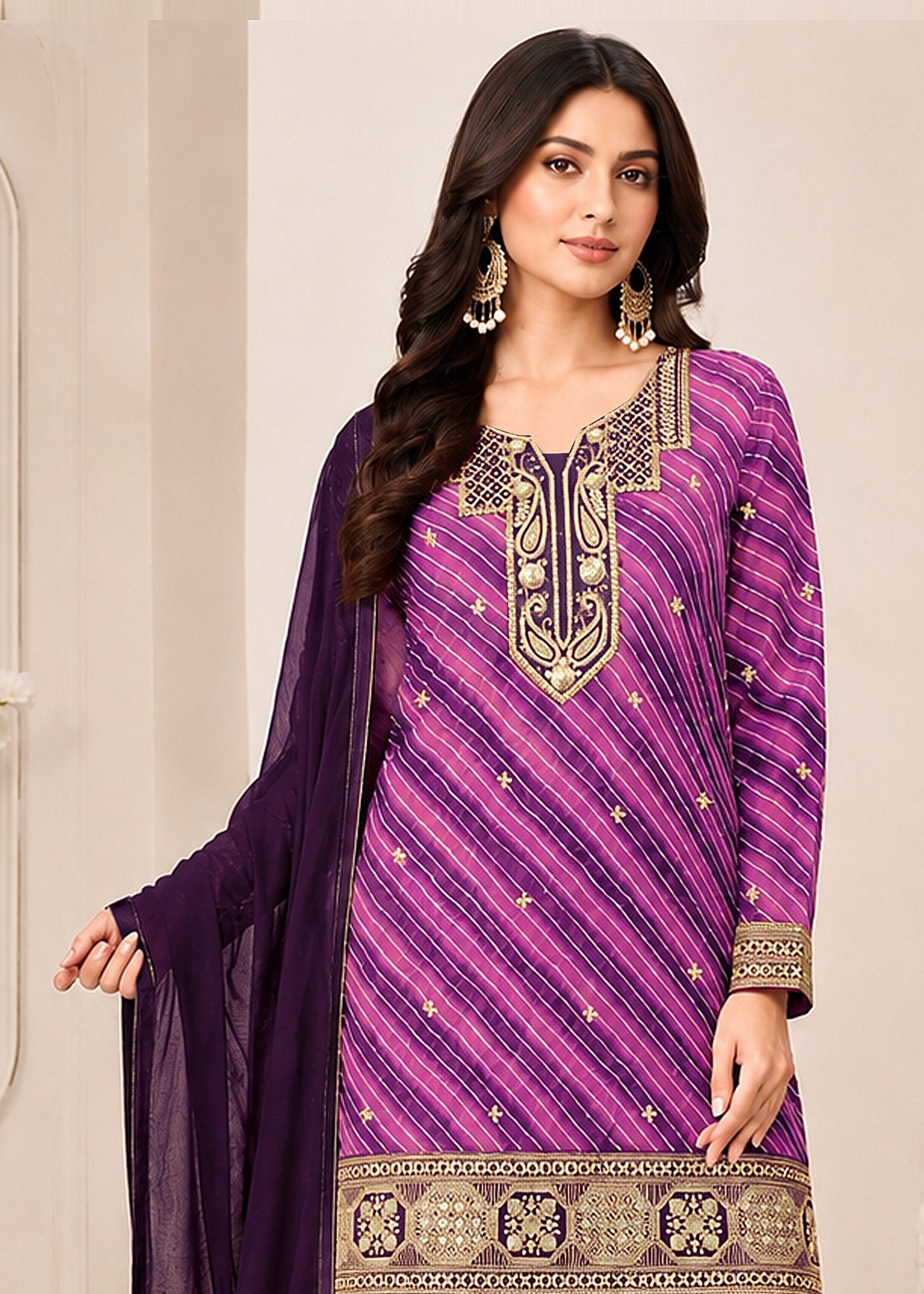 Purple Diagonal Embroidered Georgette Sharara Suit — alternate view
