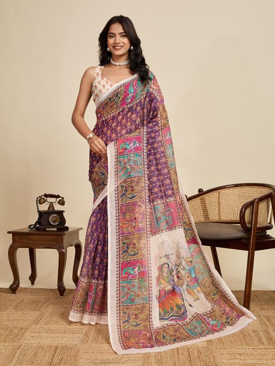 Purple Digital Printed Linen Saree