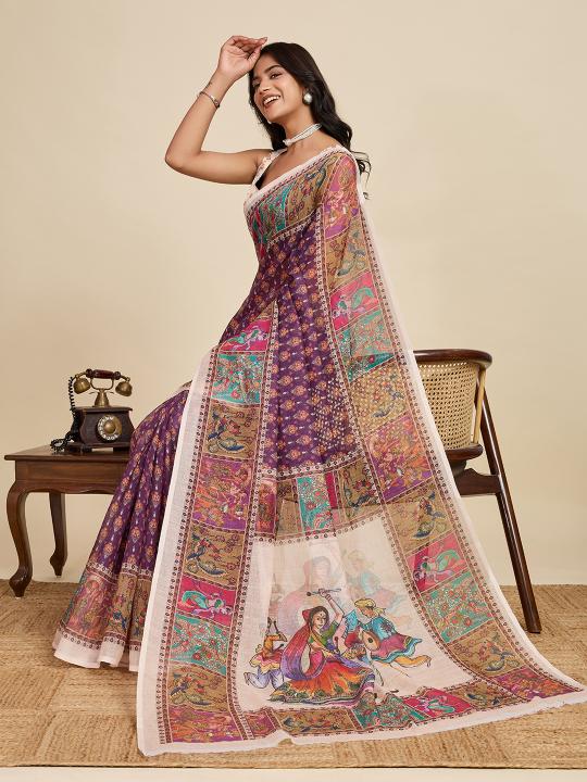 Purple Digital Printed Linen Saree