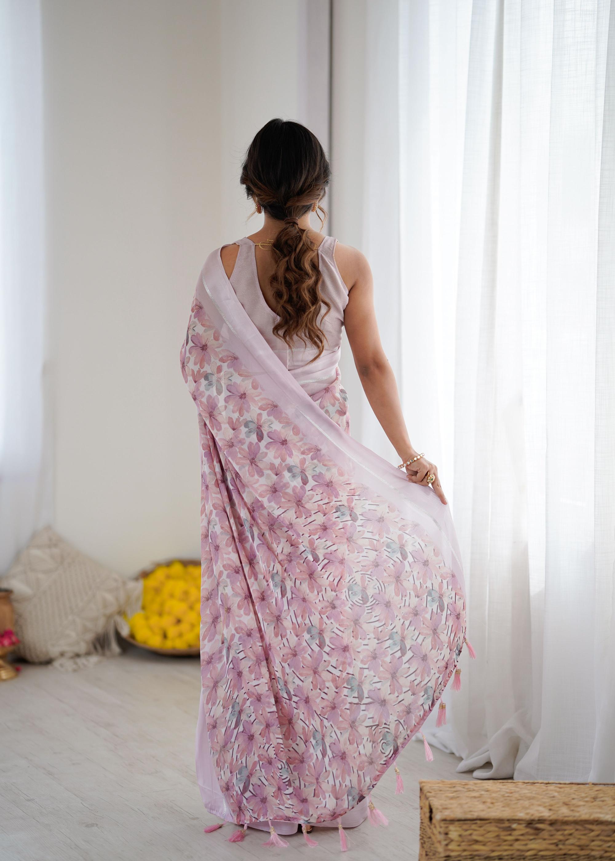 Purple Digital Printed Moss Satin Patta Saree — alternate view