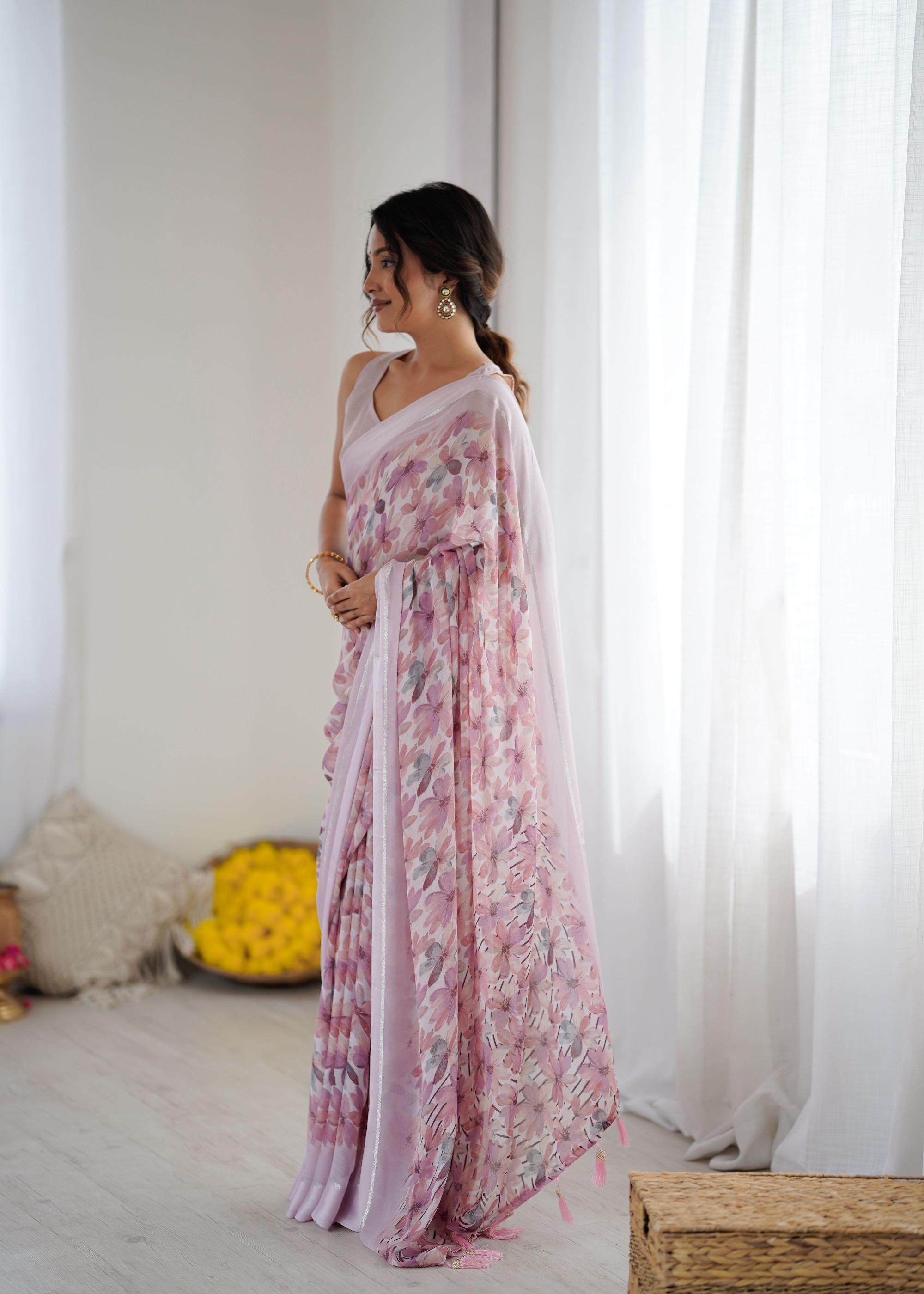 Purple Digital Printed Moss Satin Patta Saree