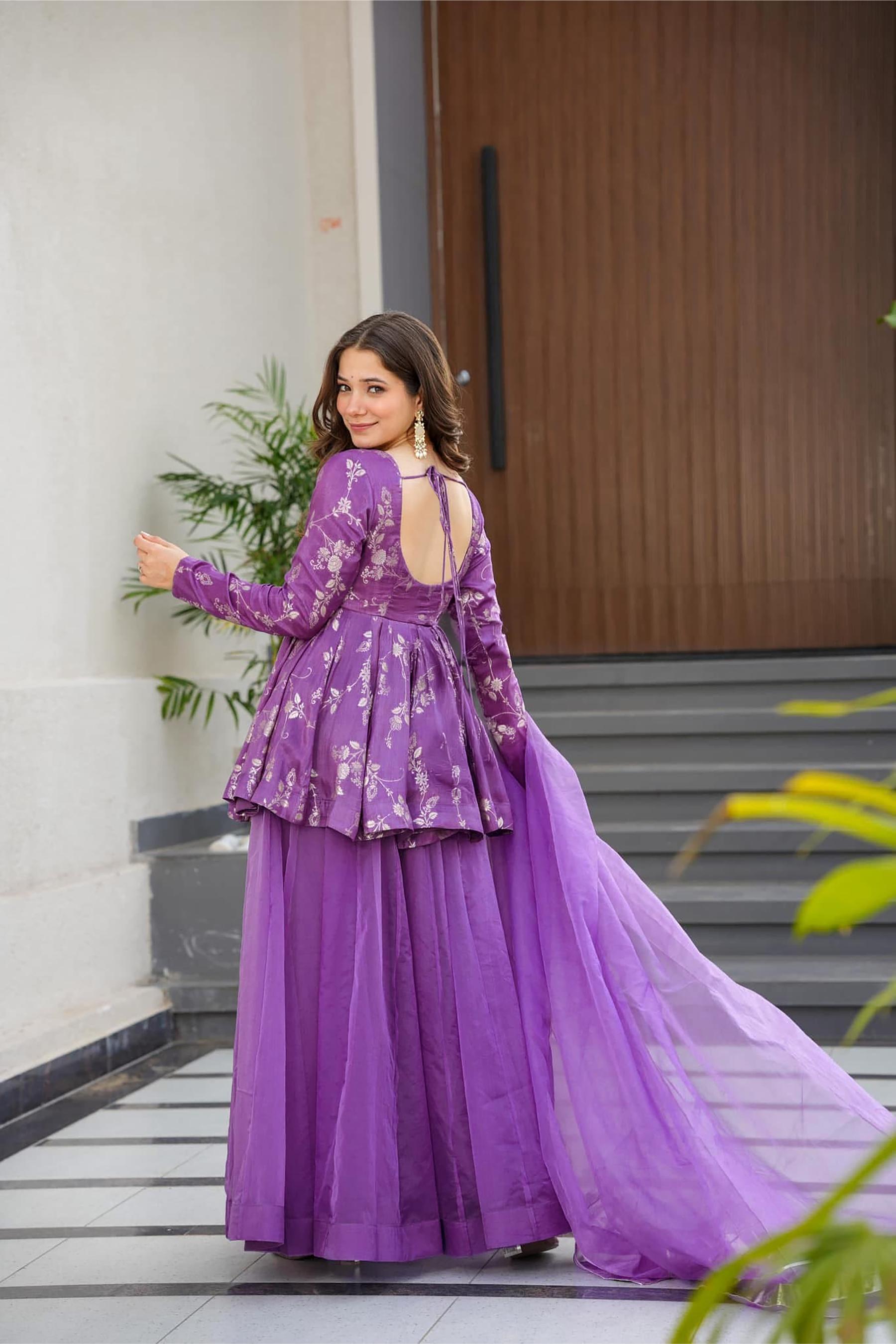 Purple Digital Printed Silk Sharara Suit