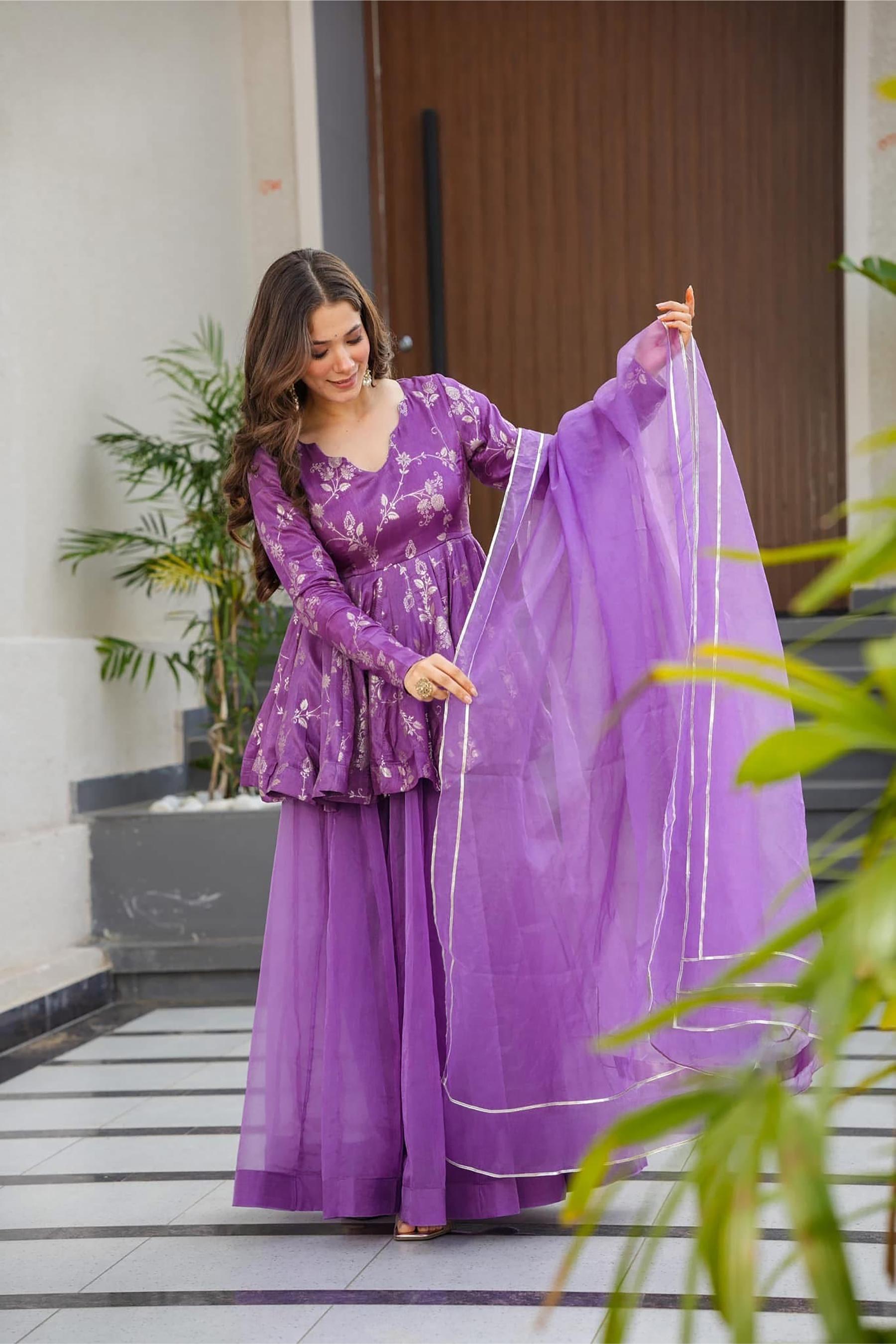 Purple Digital Printed Silk Sharara Suit
