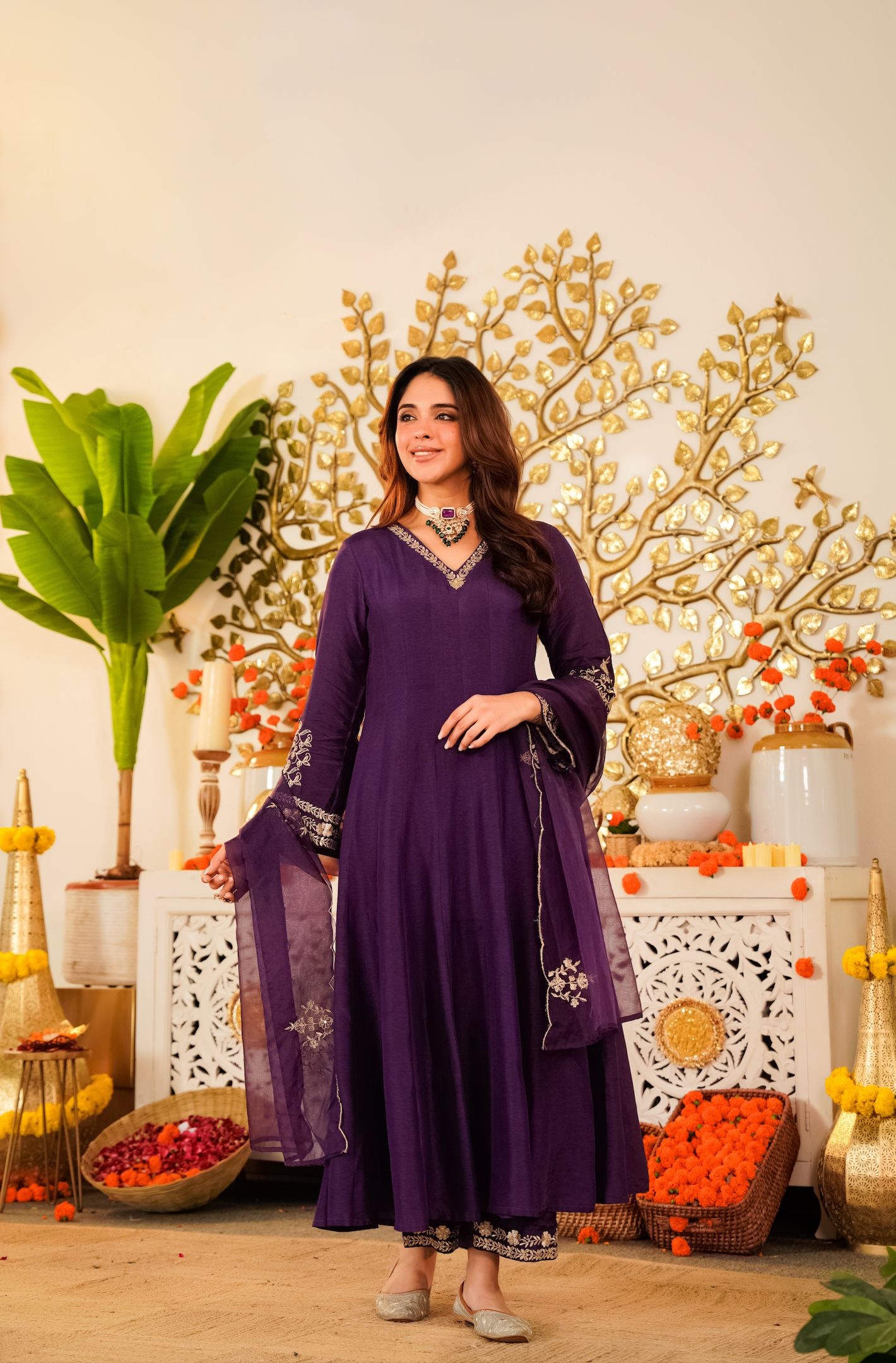 Purple Embroidered Chanderi Anarkali Suit