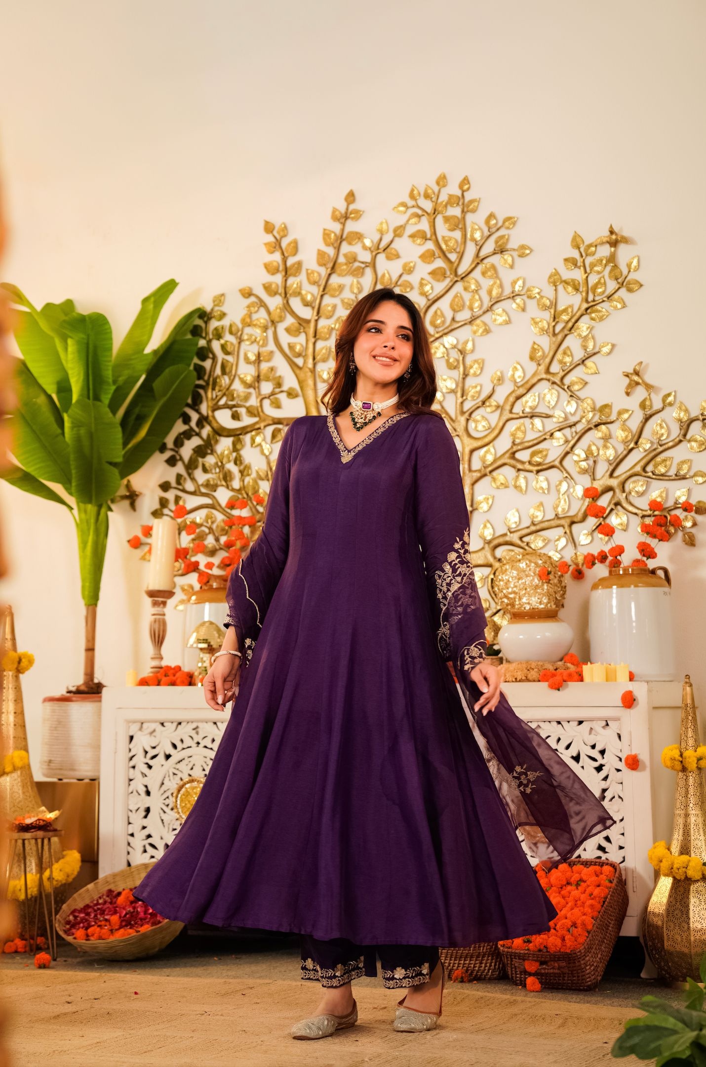 Purple Embroidered Chanderi Anarkali Suit — alternate view