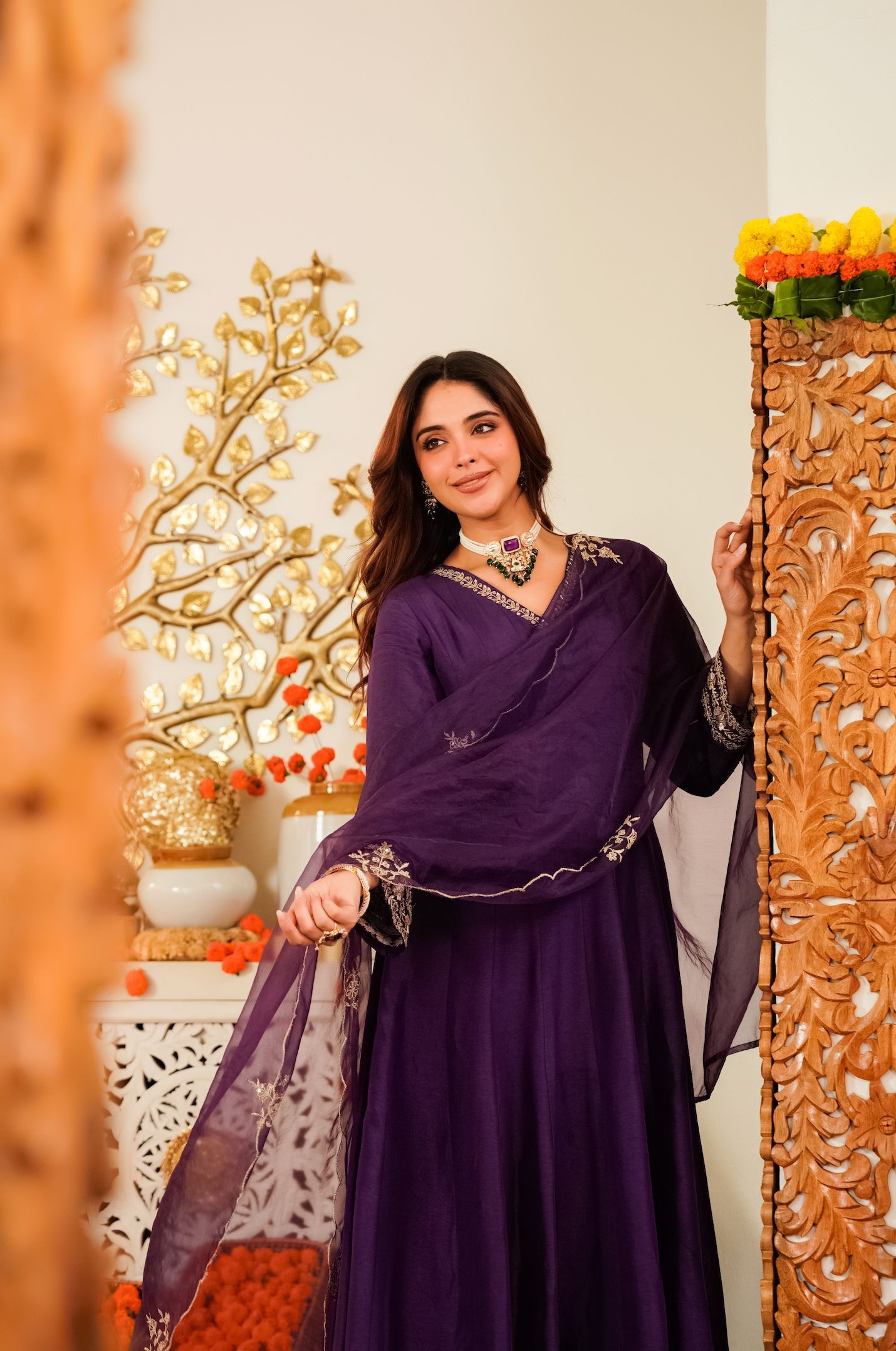 Purple Embroidered Chanderi Anarkali Suit