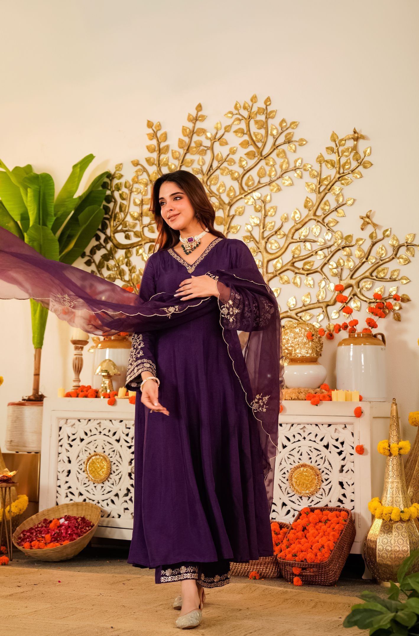 Purple Embroidered Chanderi Anarkali Suit
