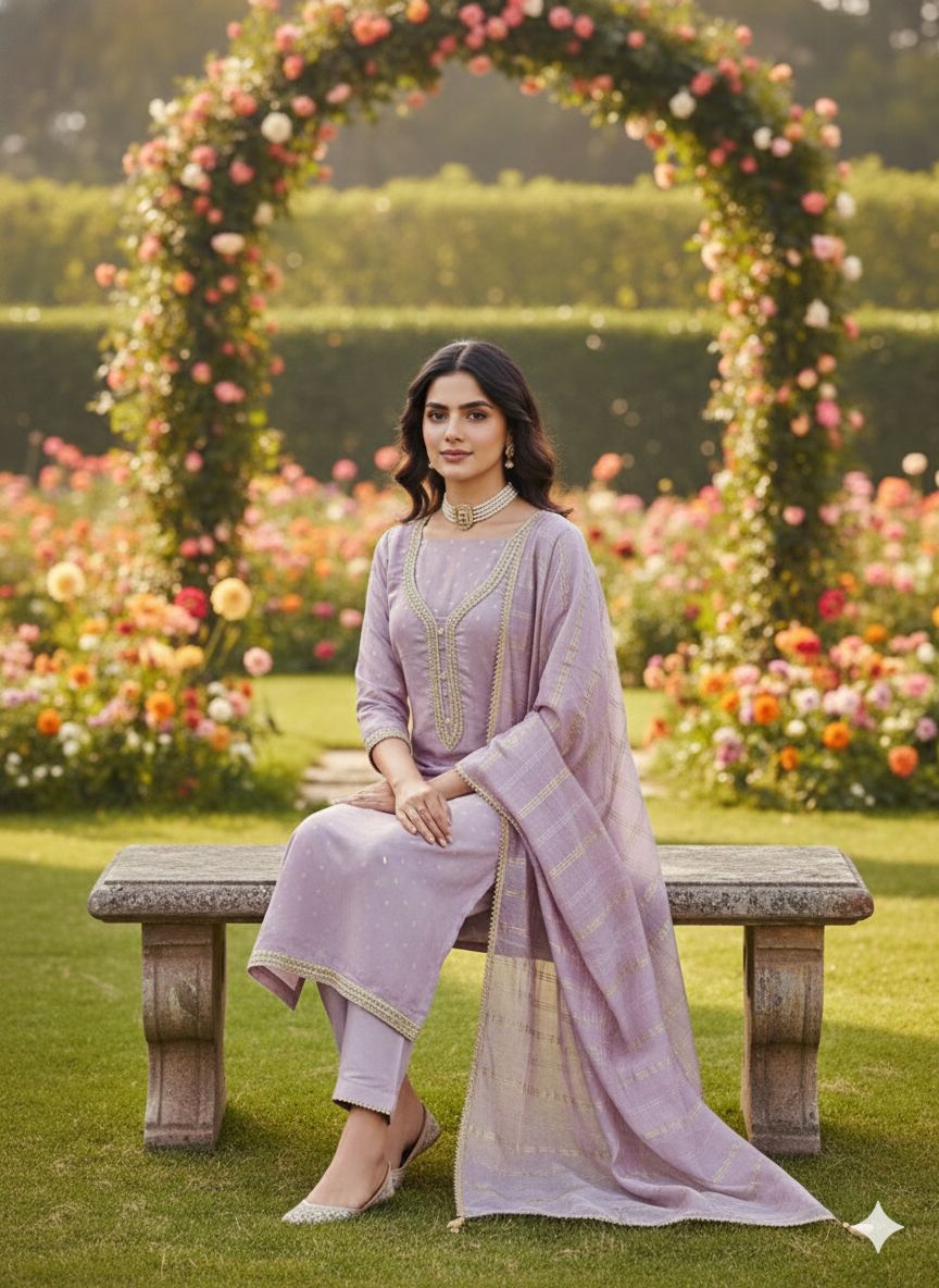Purple Embroidered Chanderi Butti Salwar Suit — alternate view