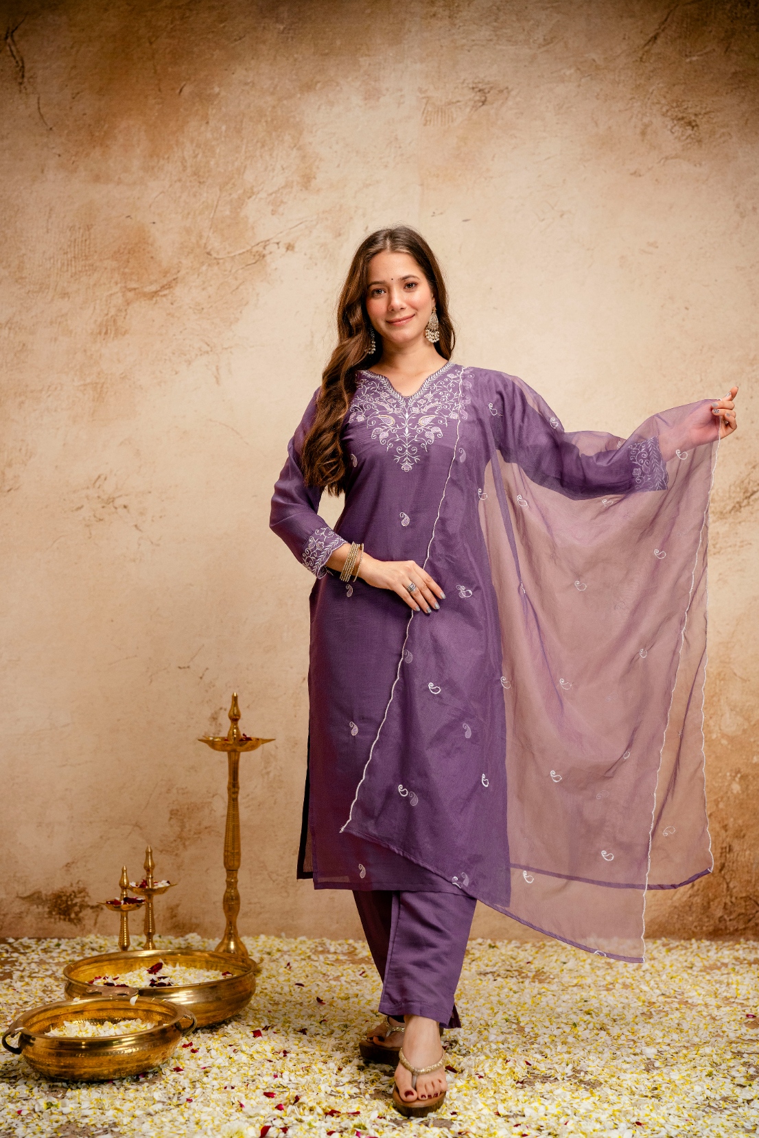 Purple Embroidered Chanderi Straight Kurta Set