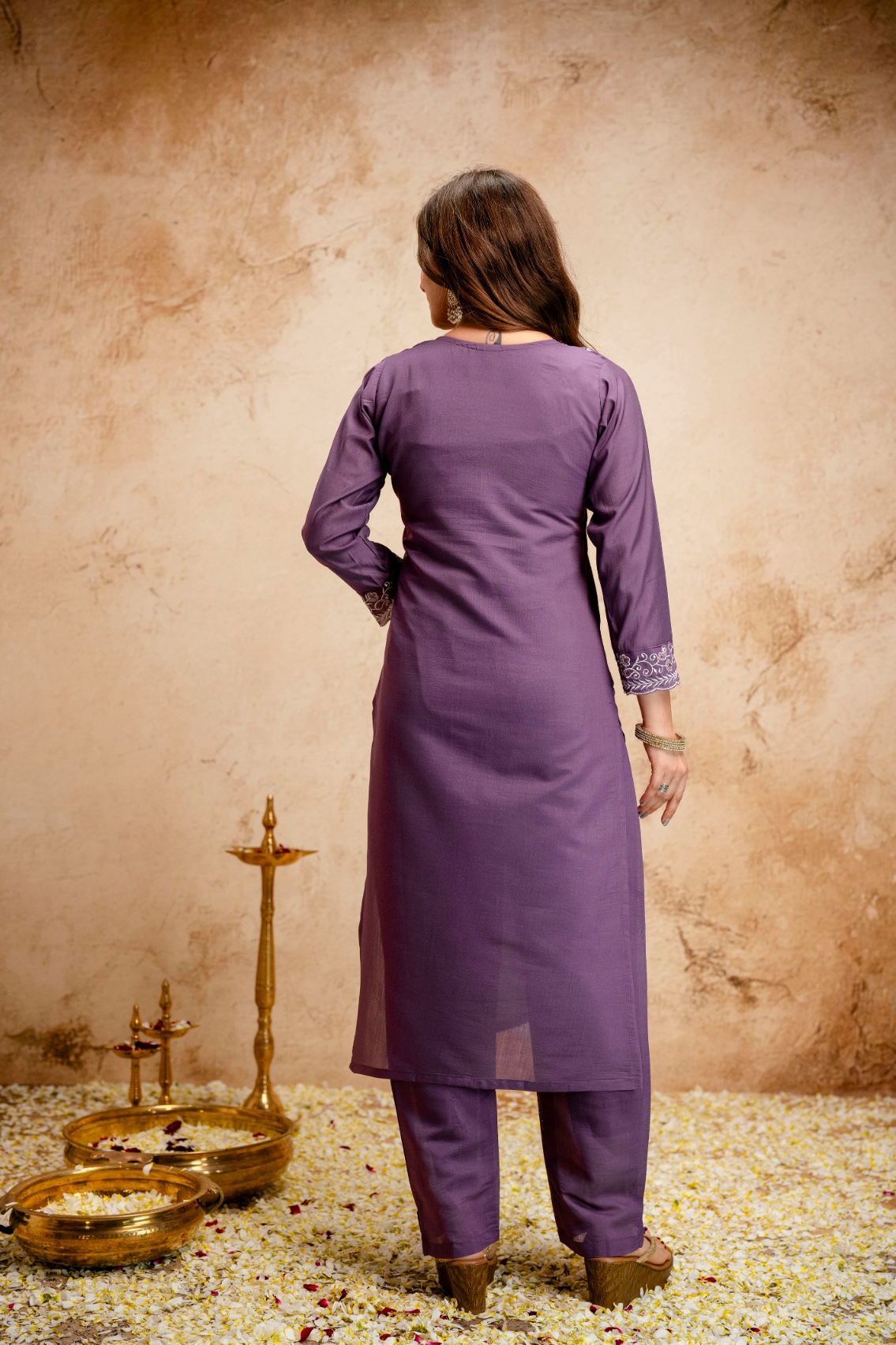 Purple Embroidered Chanderi Straight Kurta Set — alternate view
