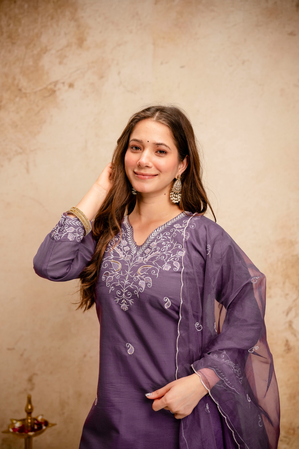 Purple Embroidered Chanderi Straight Kurta Set