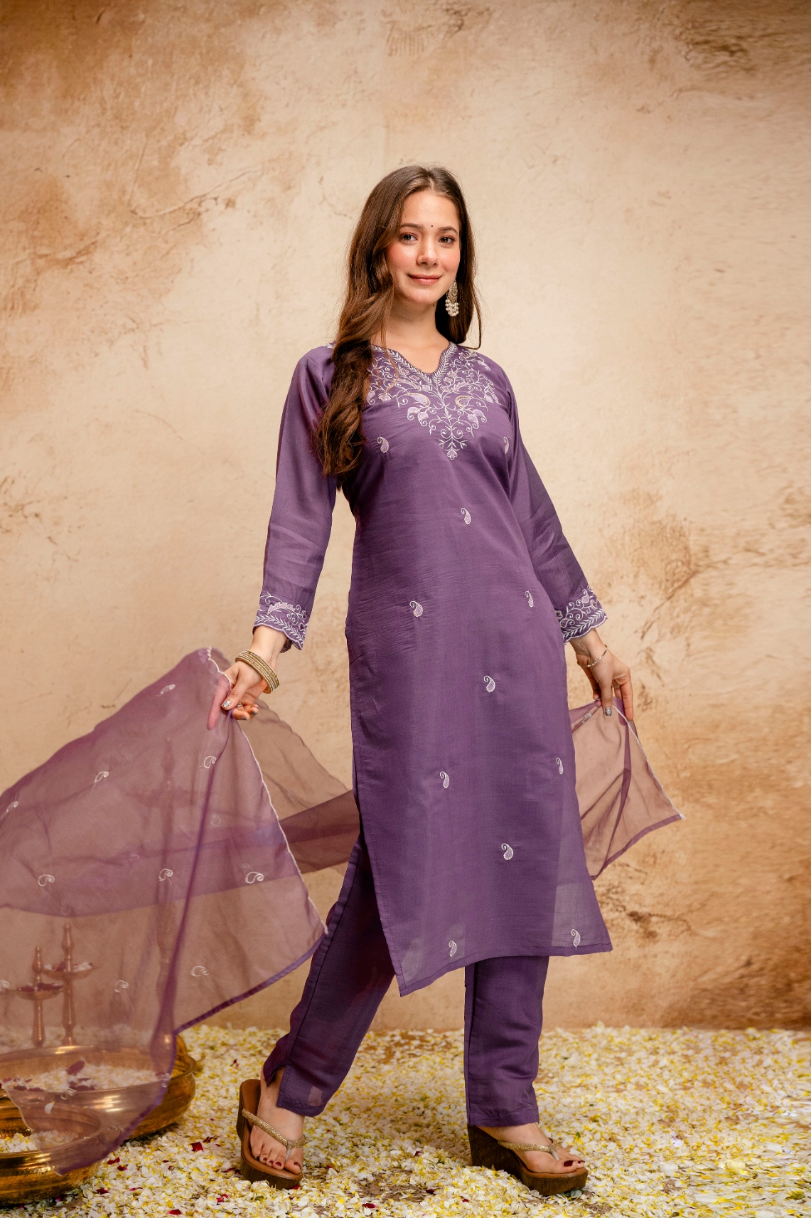 Purple Embroidered Chanderi Straight Kurta Set