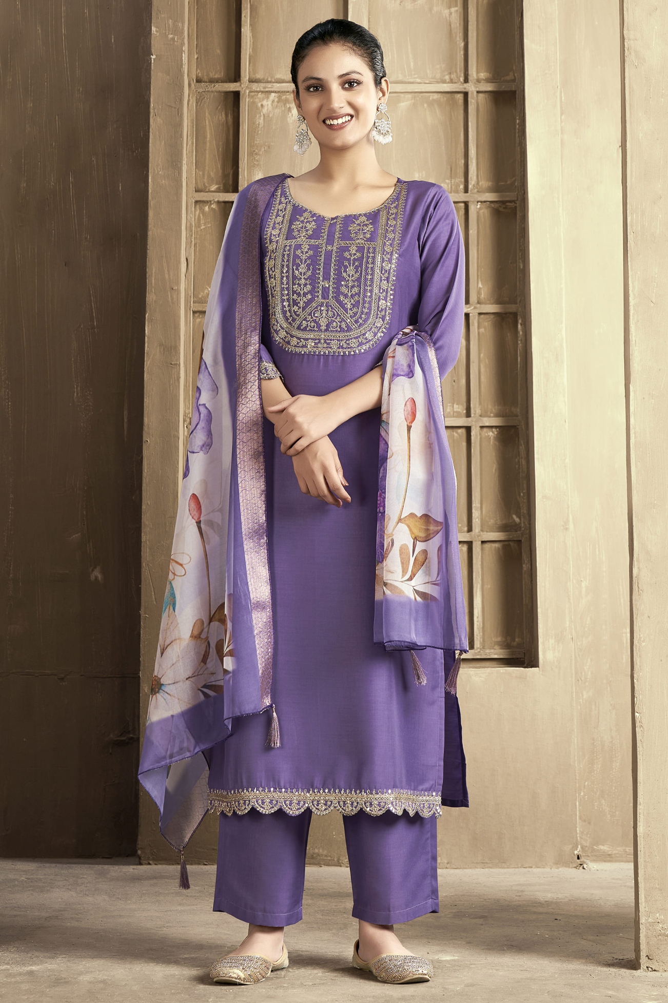 Purple Embroidered Chanderi Straight Suit