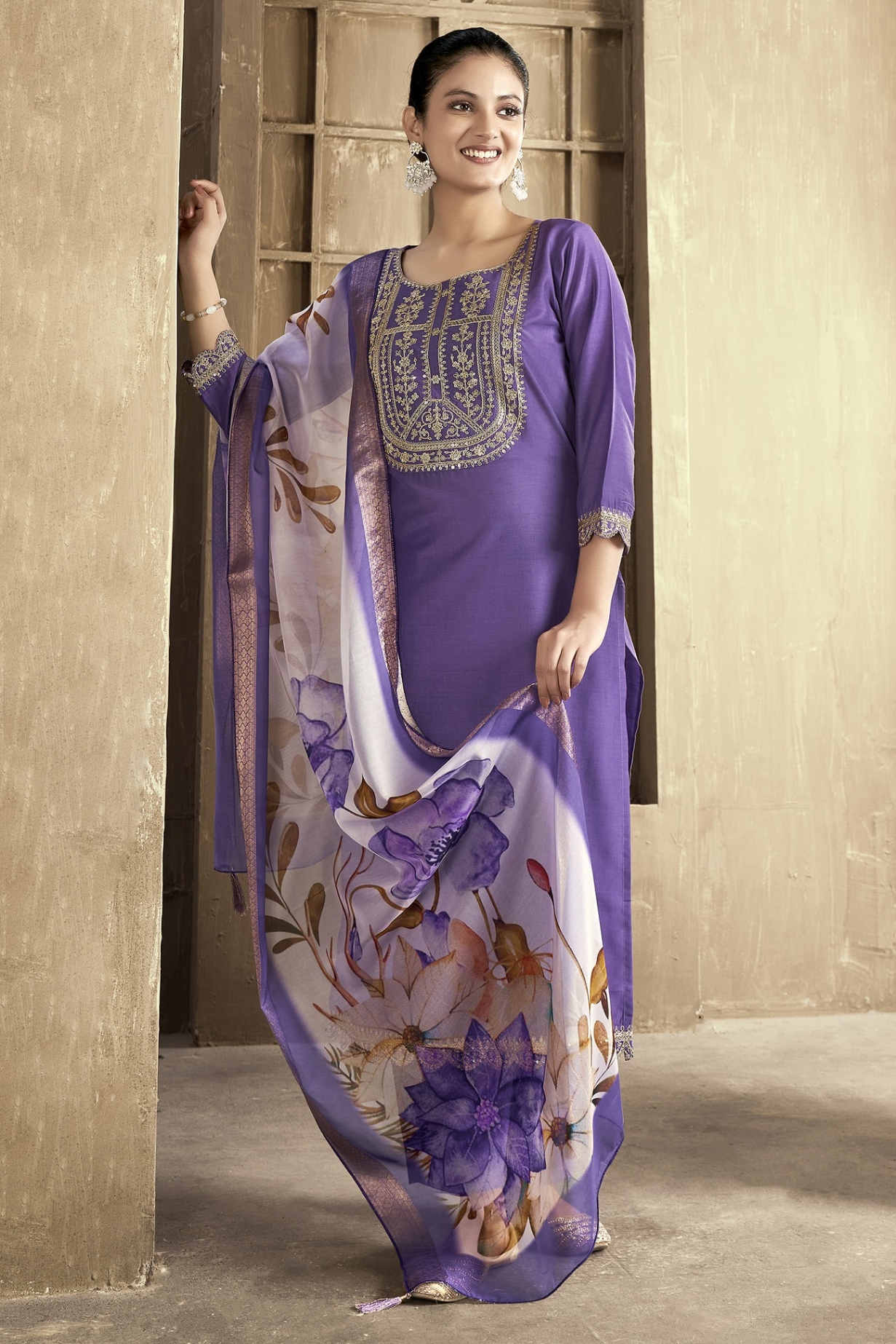 Purple Embroidered Chanderi Straight Suit