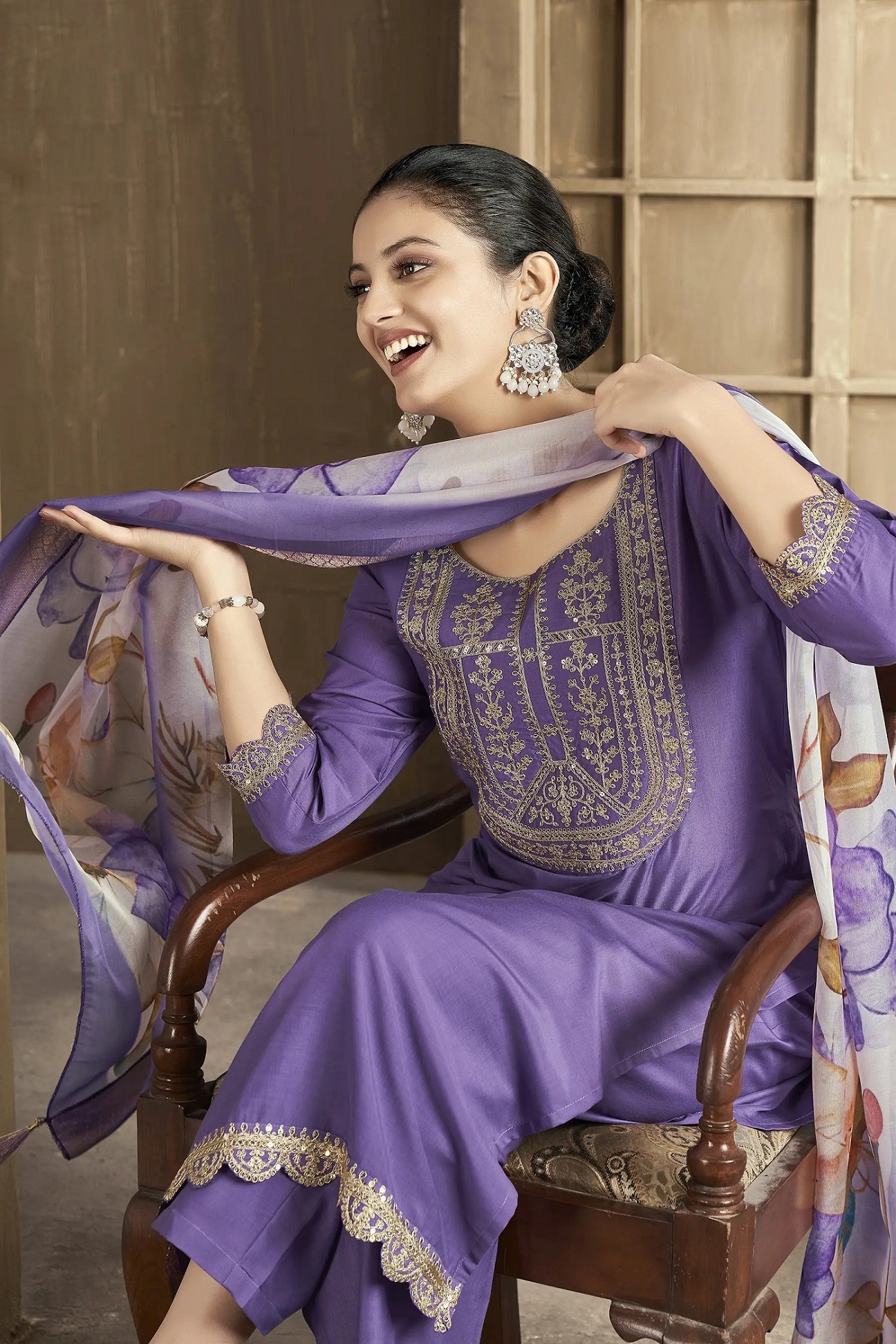 Purple Embroidered Chanderi Straight Suit