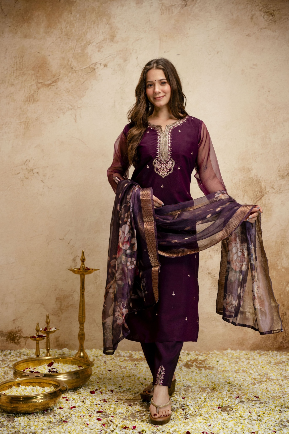 Purple Embroidered Chinnon Salwar Suit