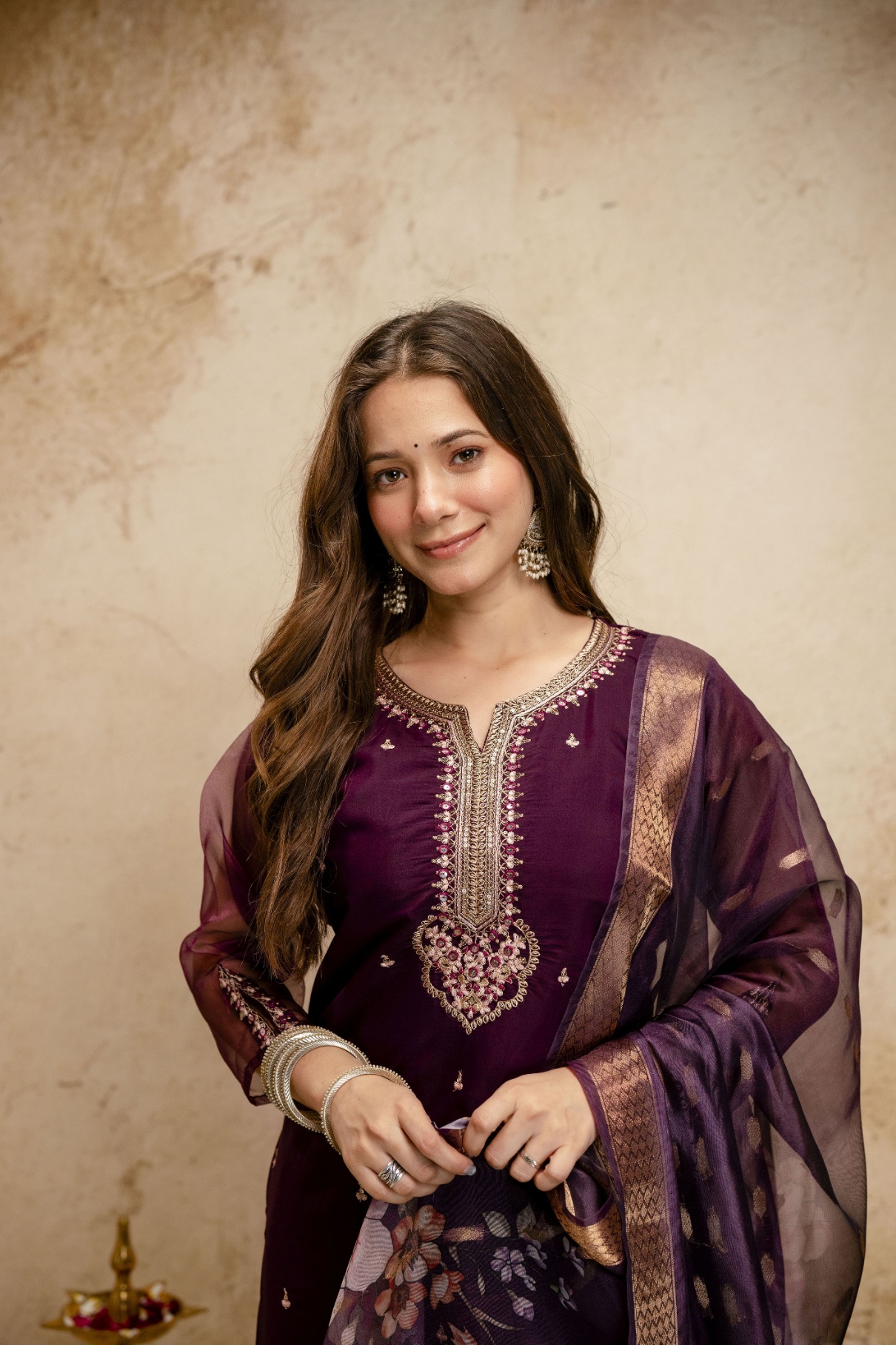 Purple Embroidered Chinnon Salwar Suit