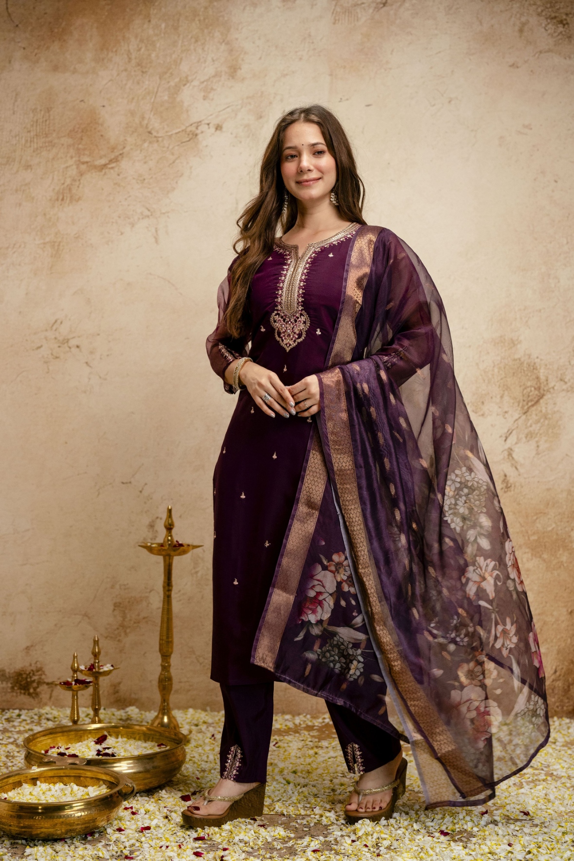 Purple Embroidered Chinnon Salwar Suit