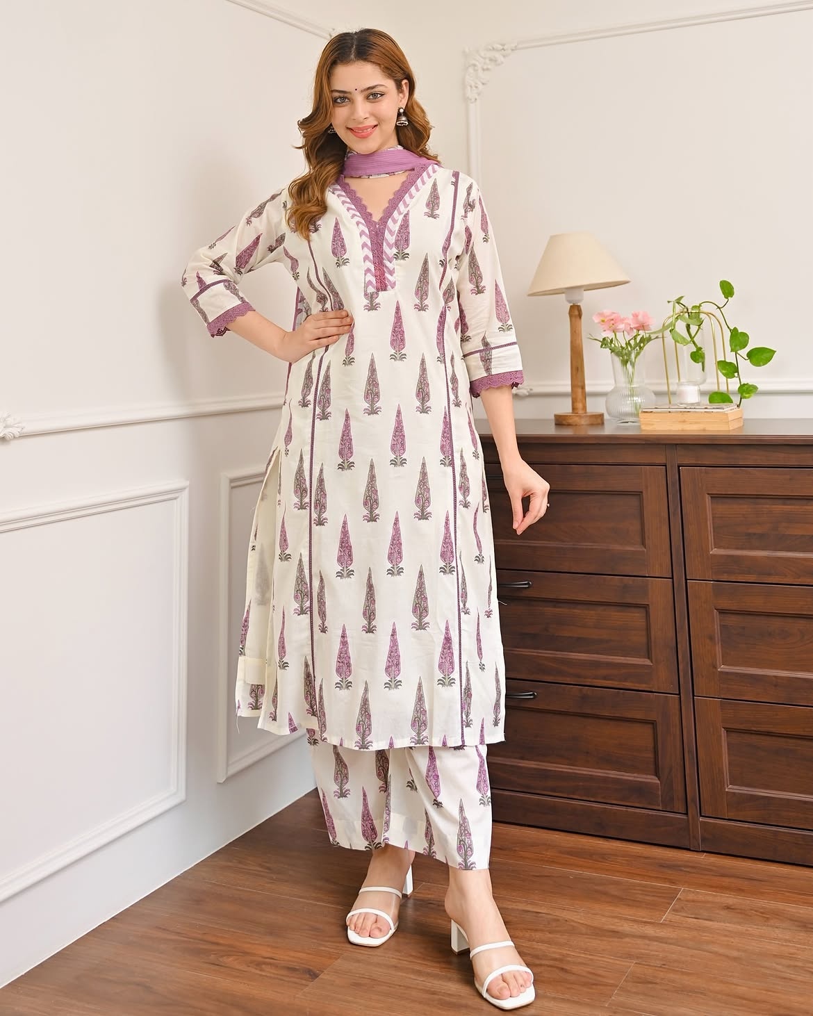 Purple Embroidered Cotton Kurta Set