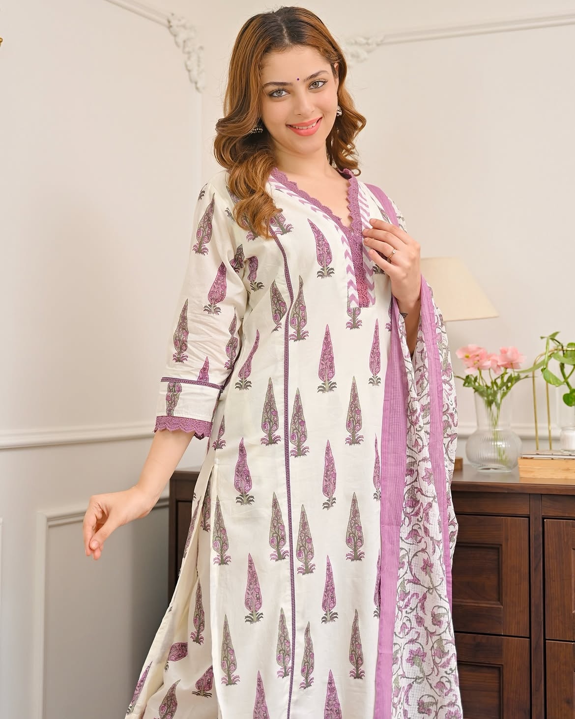 Purple Embroidered Cotton Kurta Set