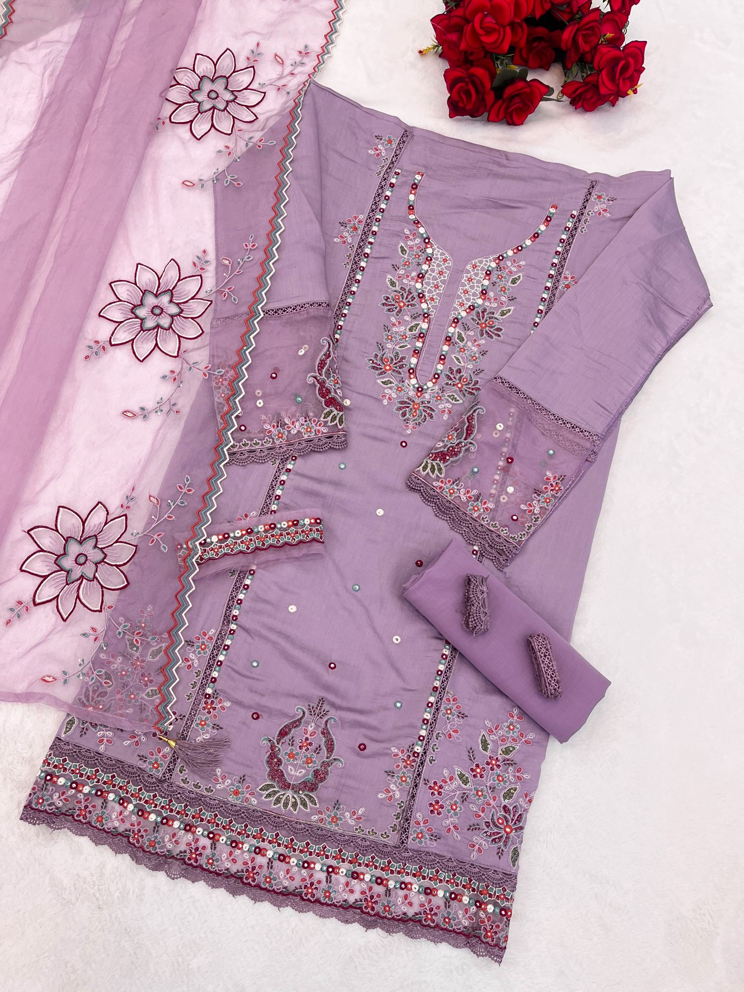 Purple Embroidered Cotton Salwar Suit
