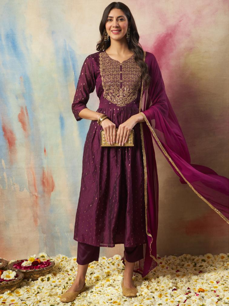 Purple Embroidered Cotton Silk Readymade Suit
