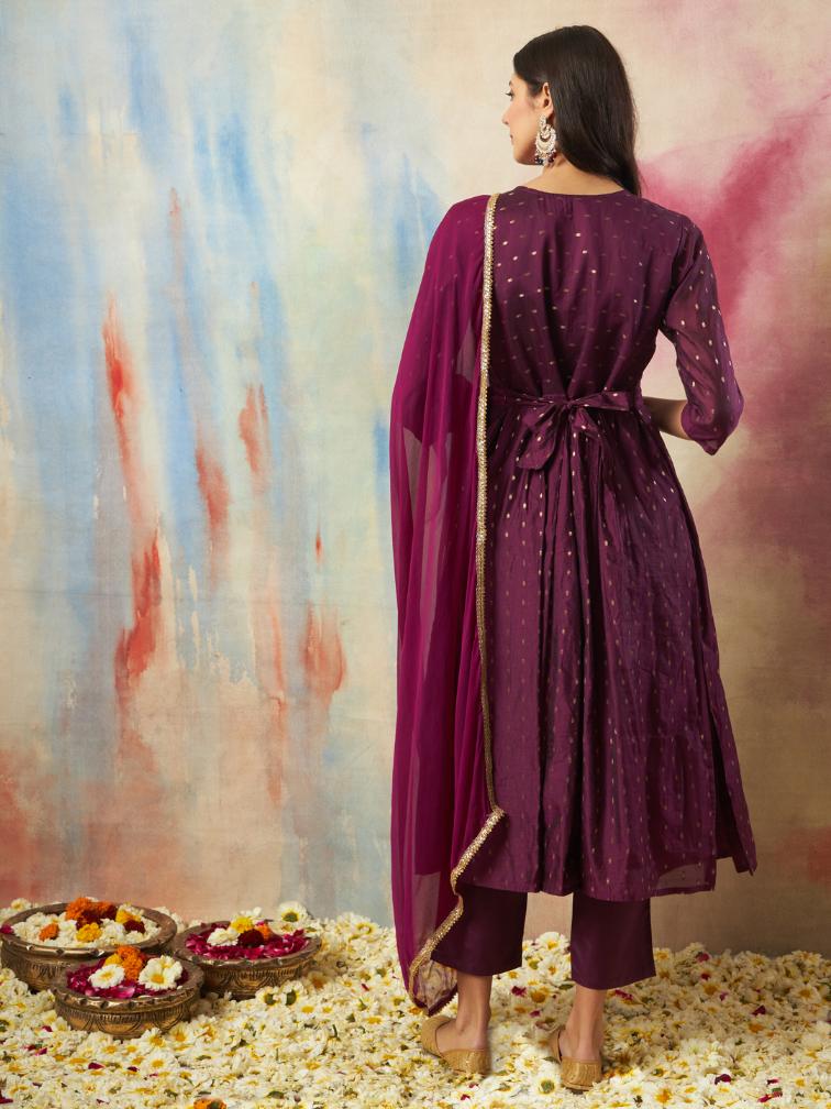 Purple Embroidered Cotton Silk Readymade Suit — alternate view