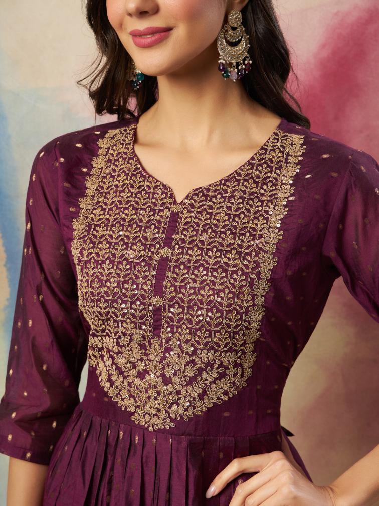 Purple Embroidered Cotton Silk Readymade Suit