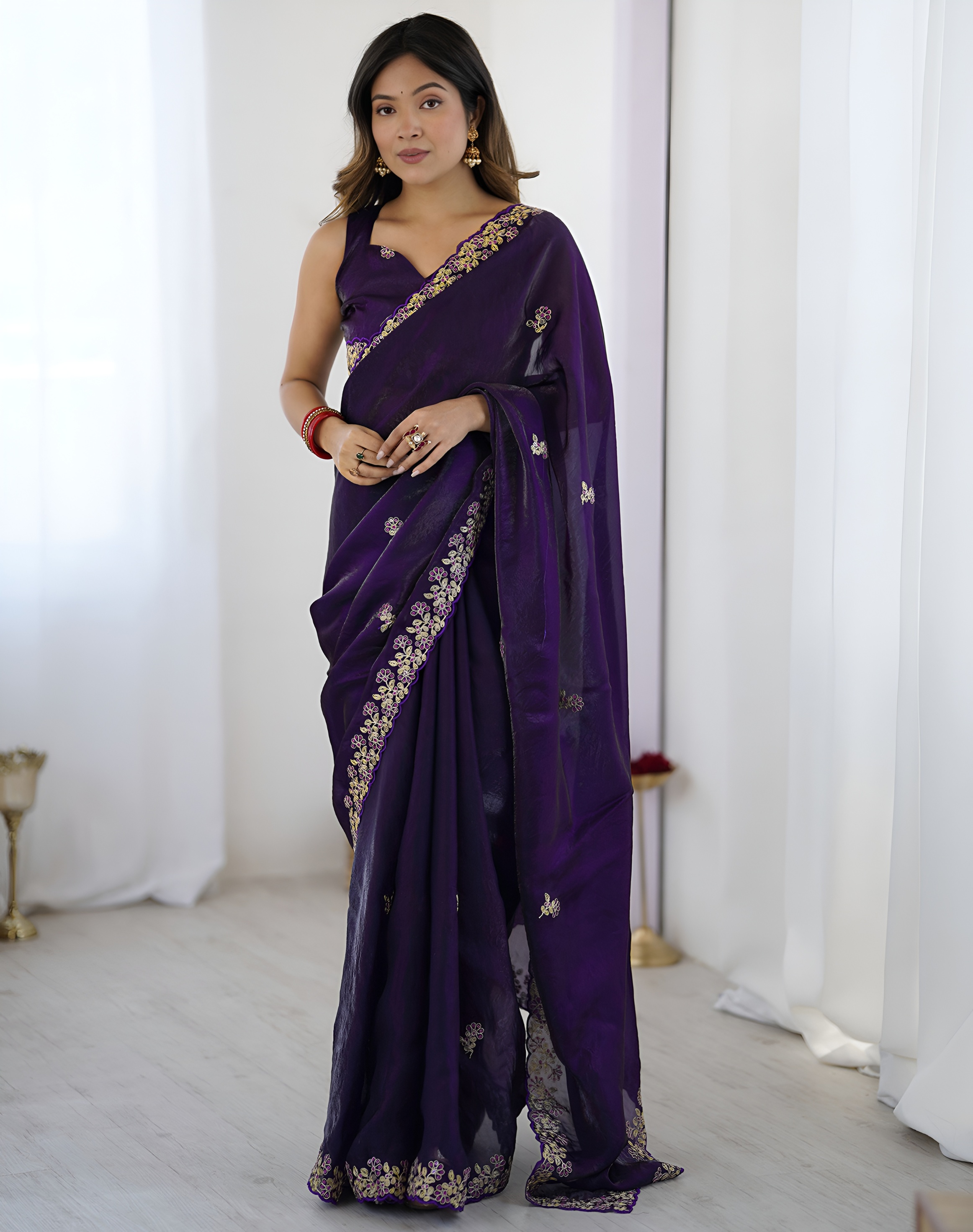 Purple Embroidered Fendy Satin Silk Saree