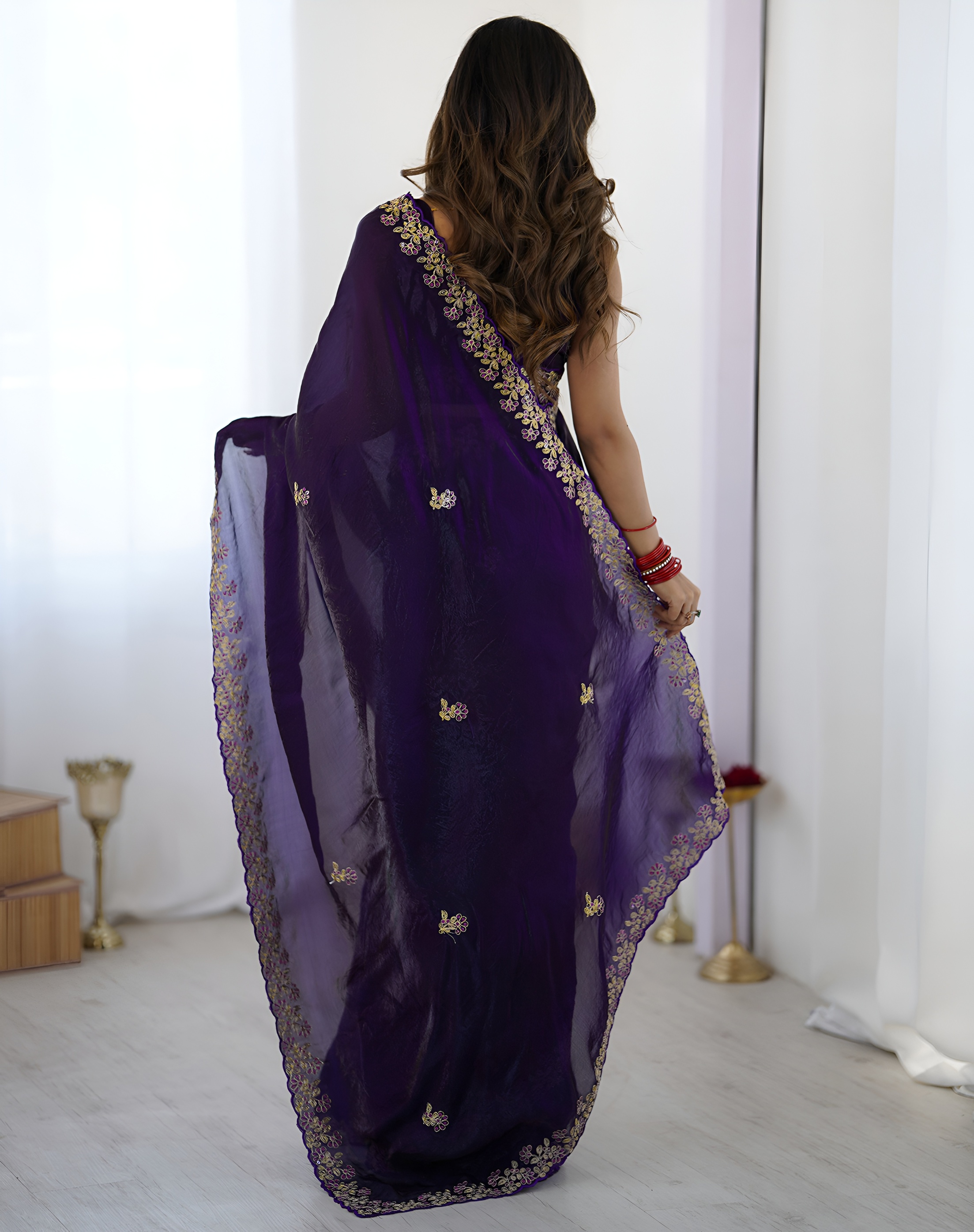 Purple Embroidered Fendy Satin Silk Saree — alternate view
