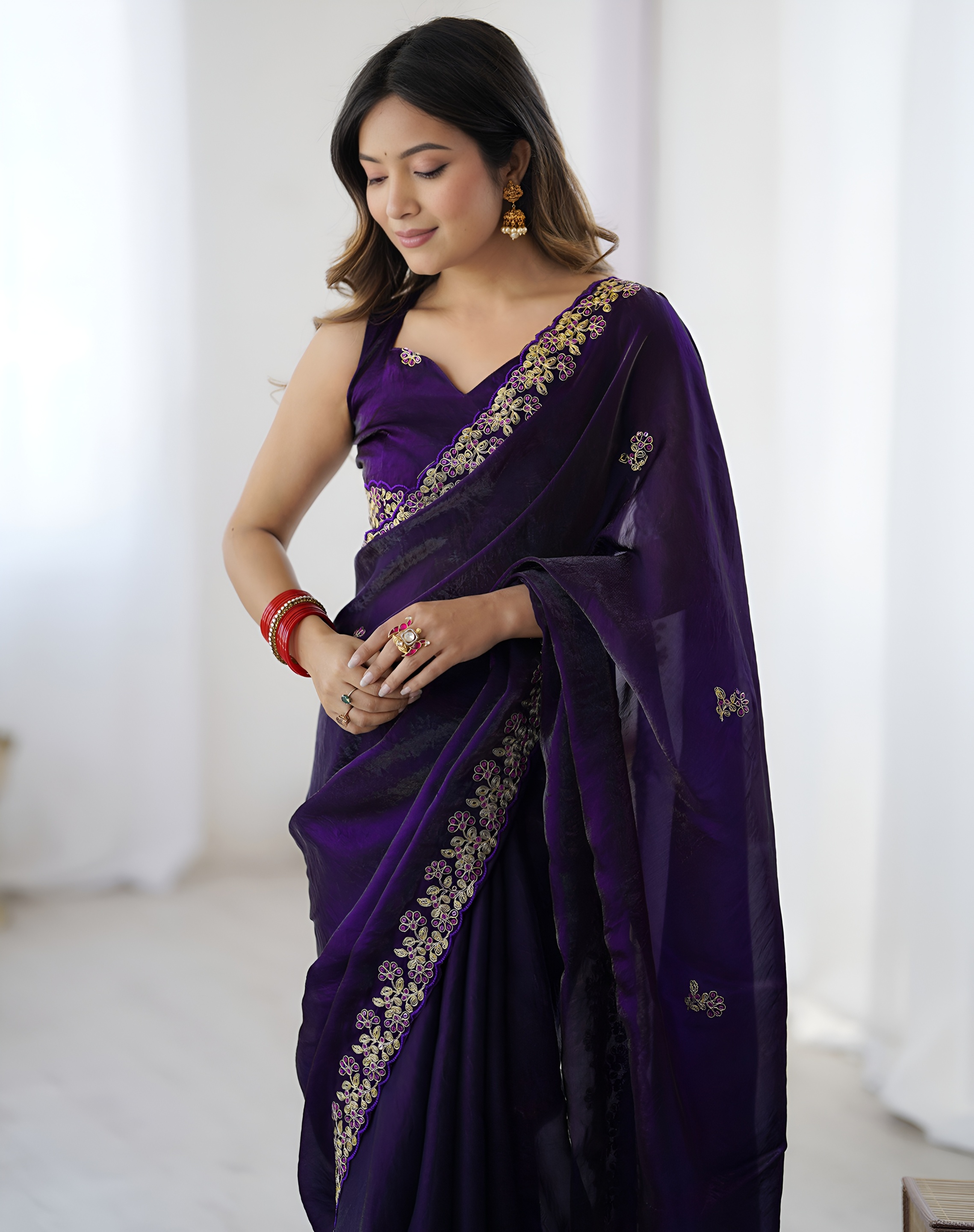 Purple Embroidered Fendy Satin Silk Saree