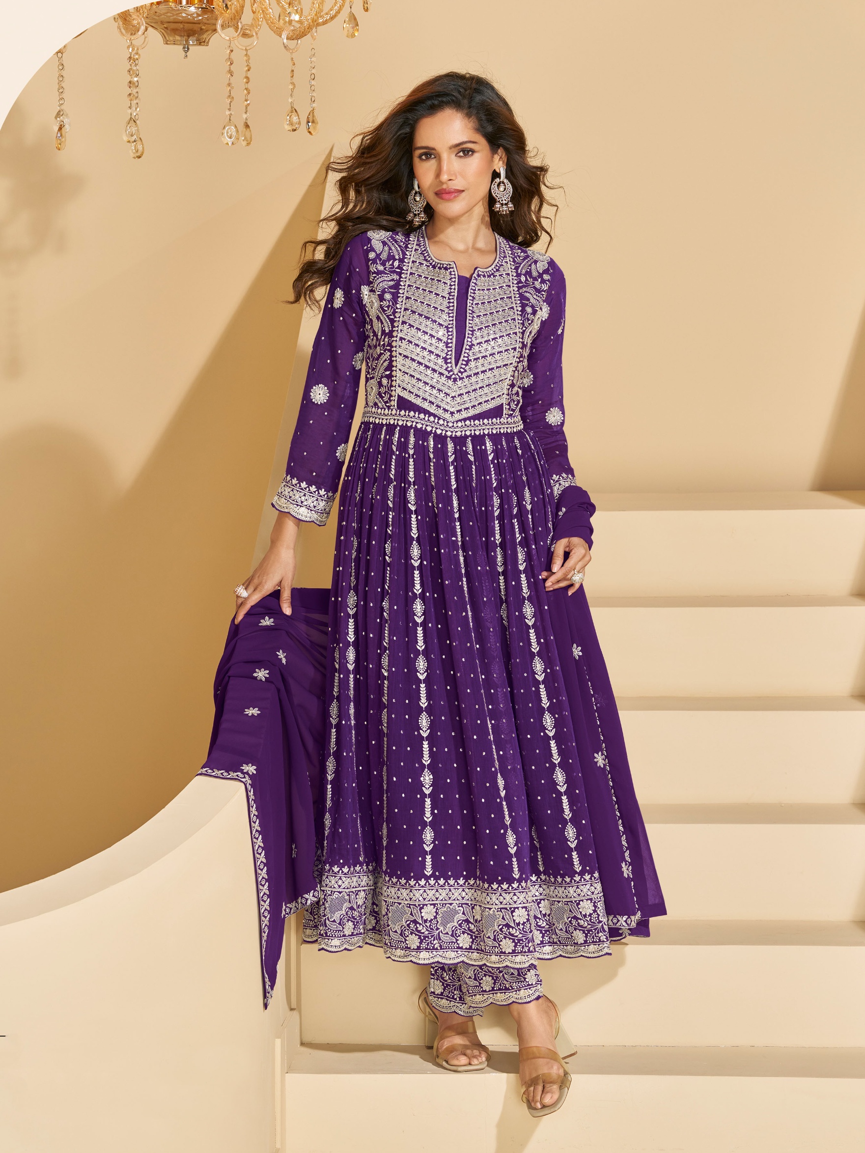 Purple Embroidered Georgette Palazzo Suit