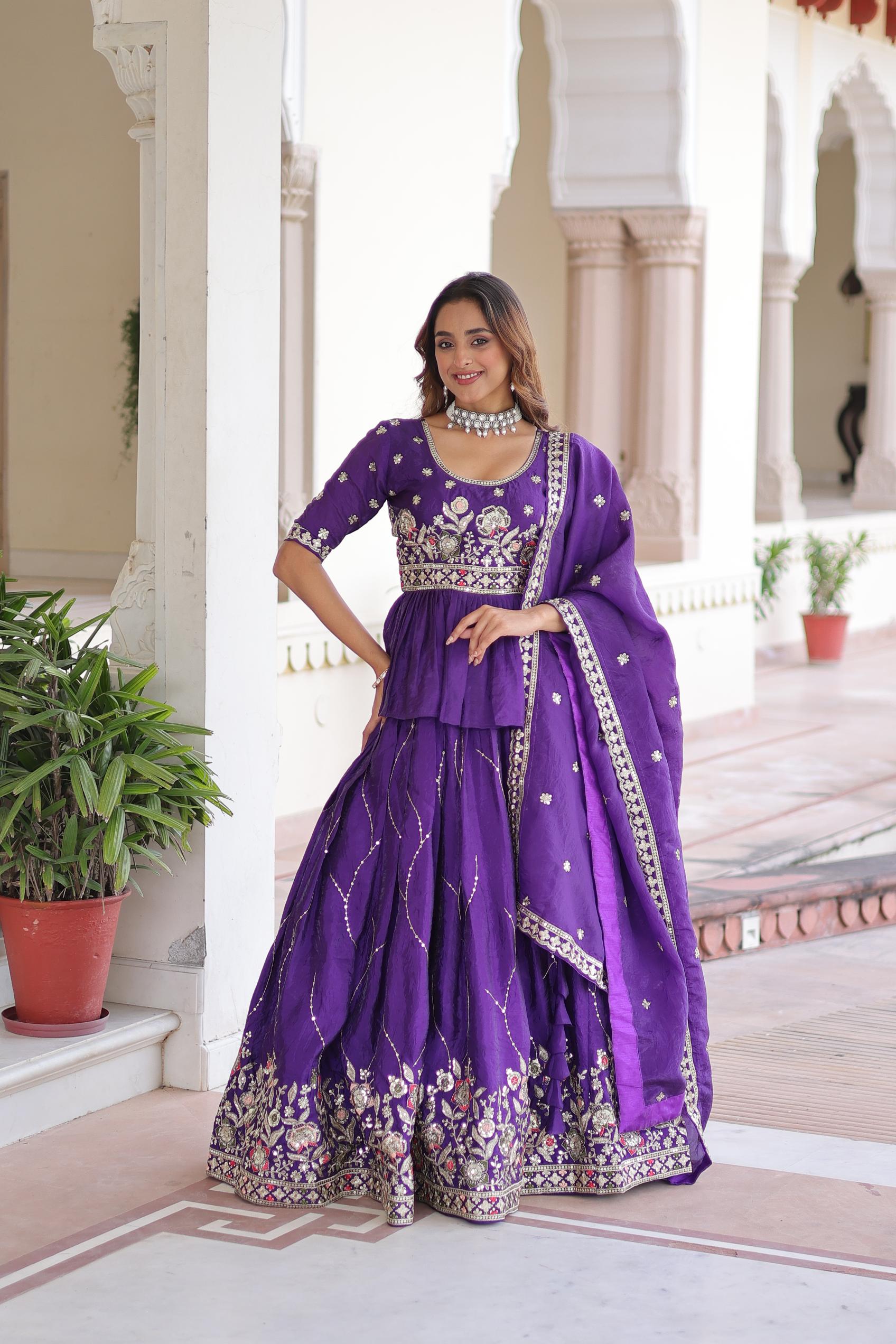 Purple Embroidered Gold Crush Lehenga Choli