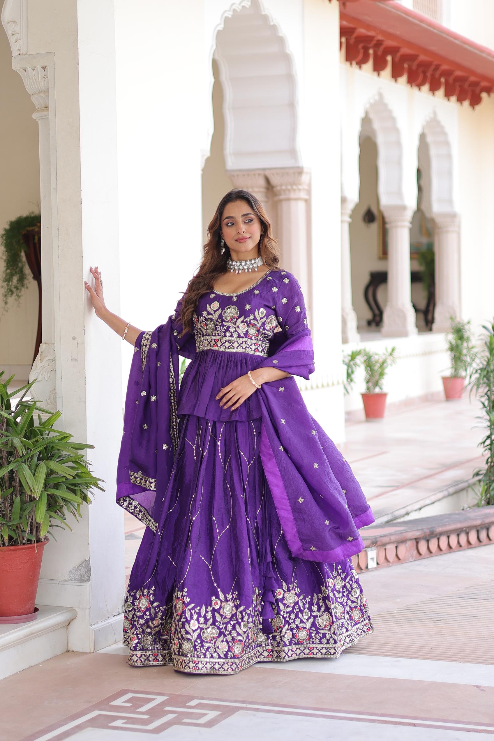 Purple Embroidered Gold Crush Lehenga Choli — alternate view