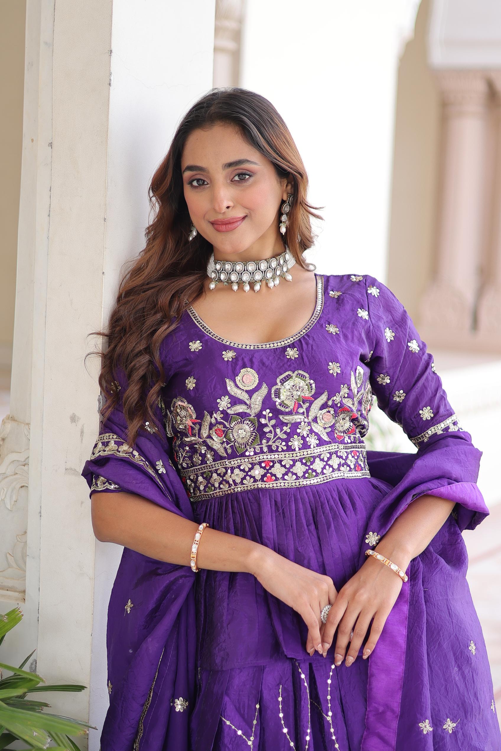 Purple Embroidered Gold Crush Lehenga Choli